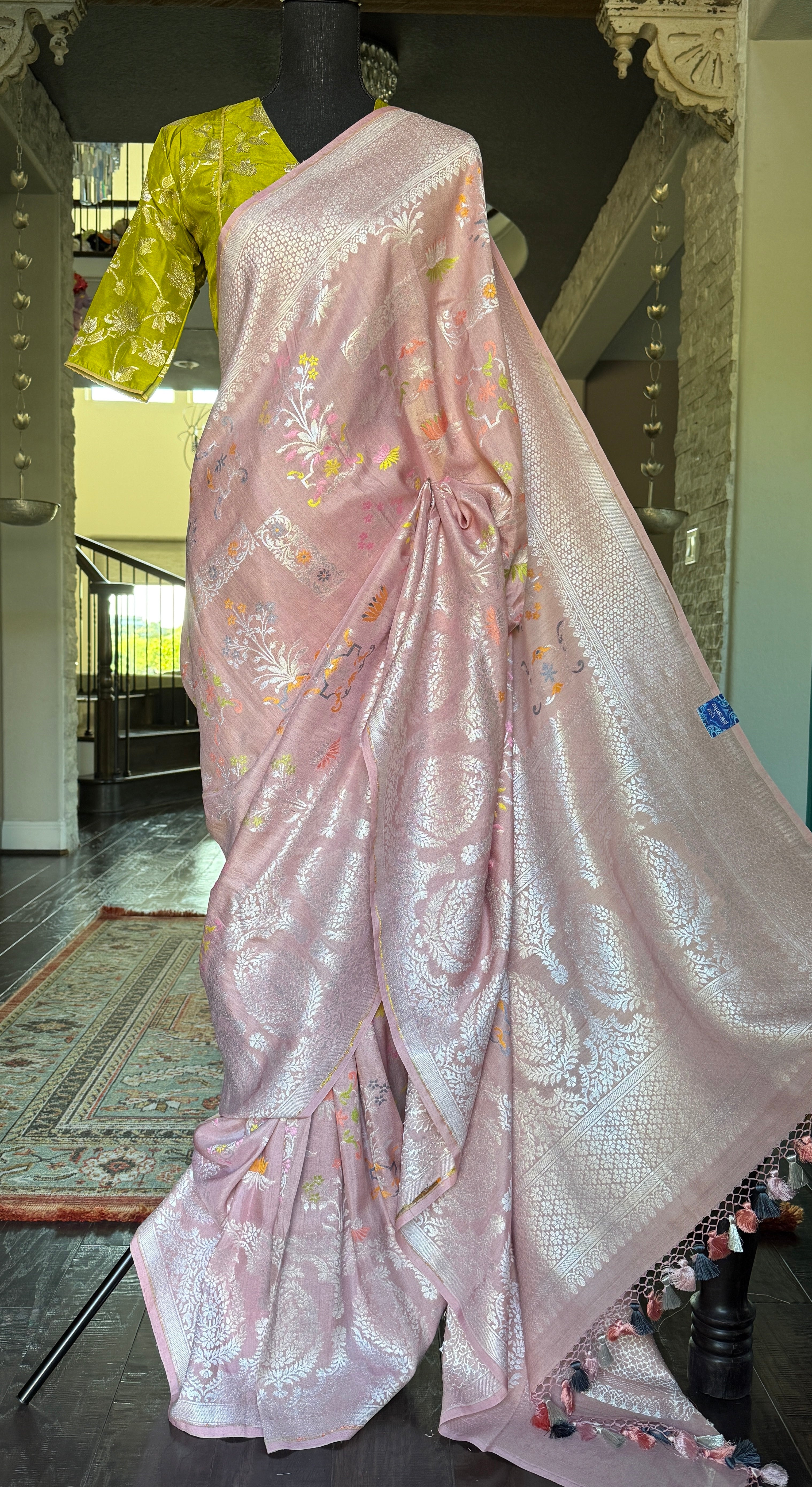 Tussar Silk Banarasi- Light Blush Pink Silver Zari