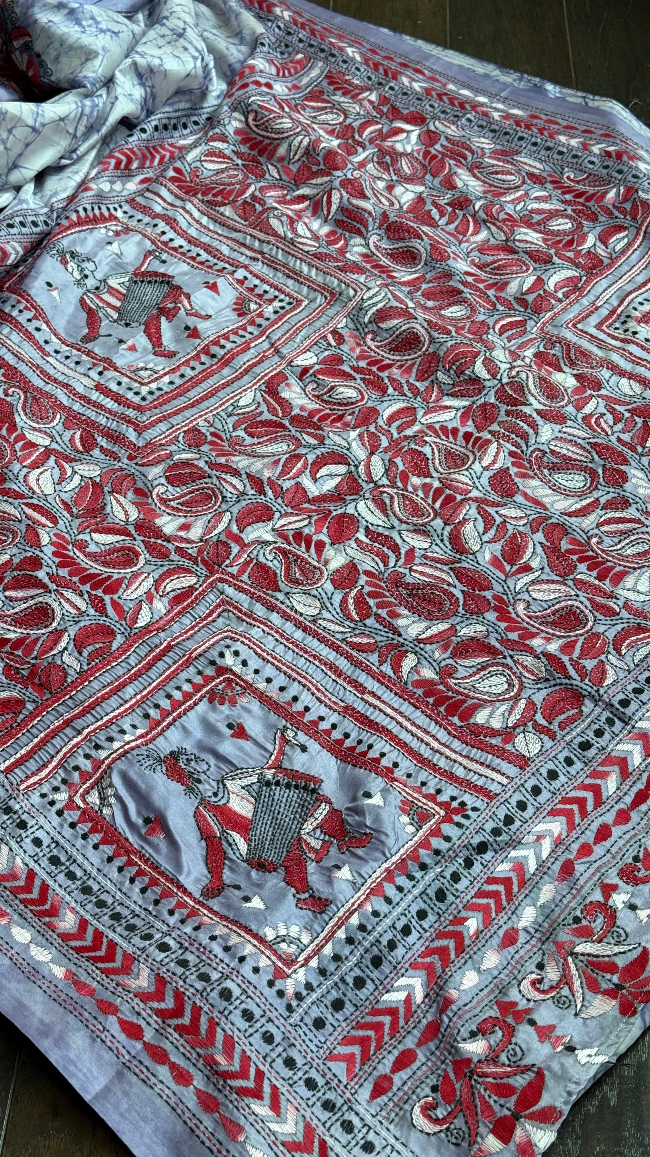 Bangalore Batik Kantha Silk -  White Violet Red Patli Pallu