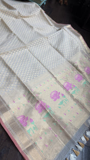 Silk Cotton Kora Banarasi - Cream Paithani Pallu