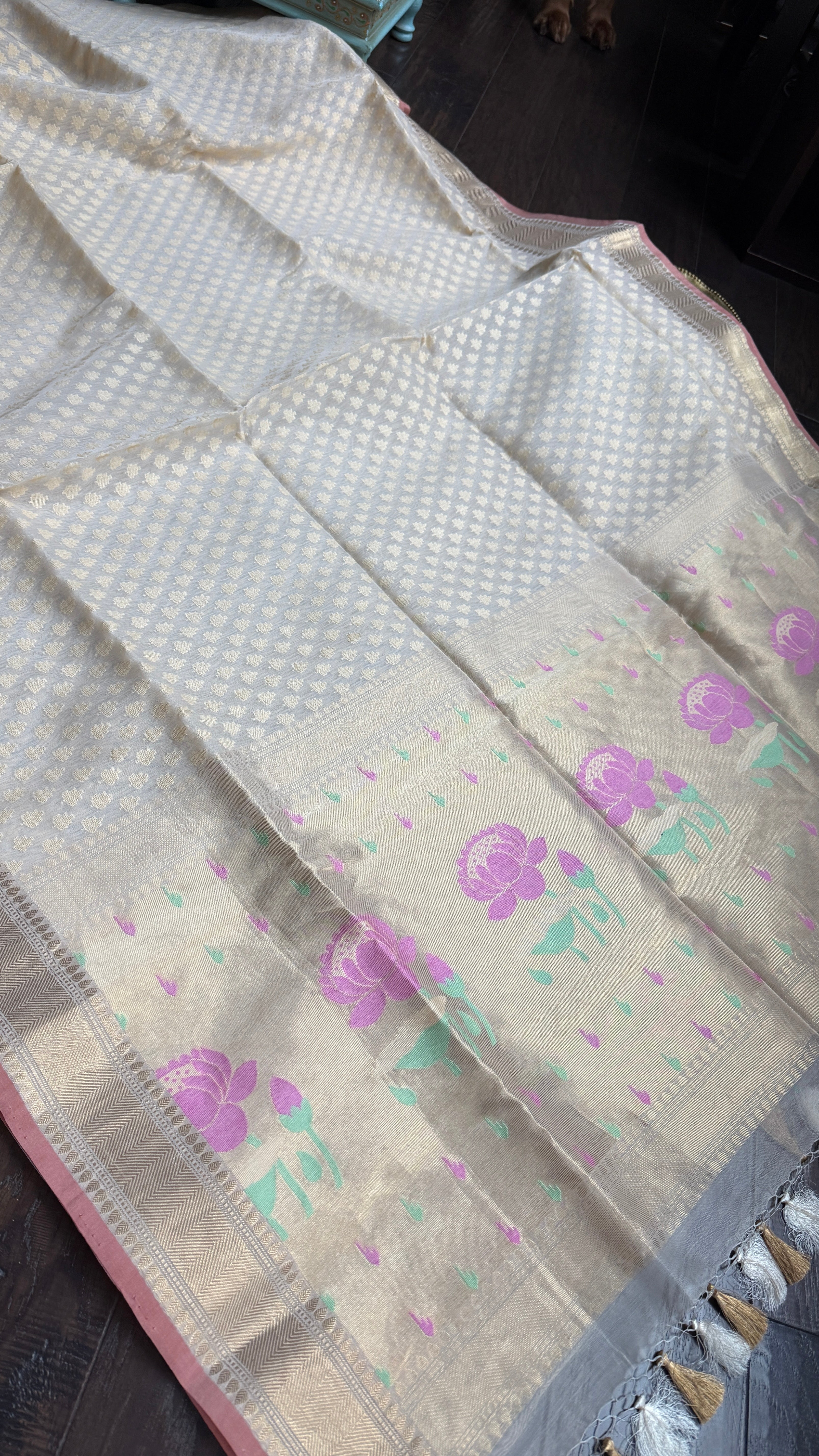Silk Cotton Kora Banarasi - Cream Paithani Pallu
