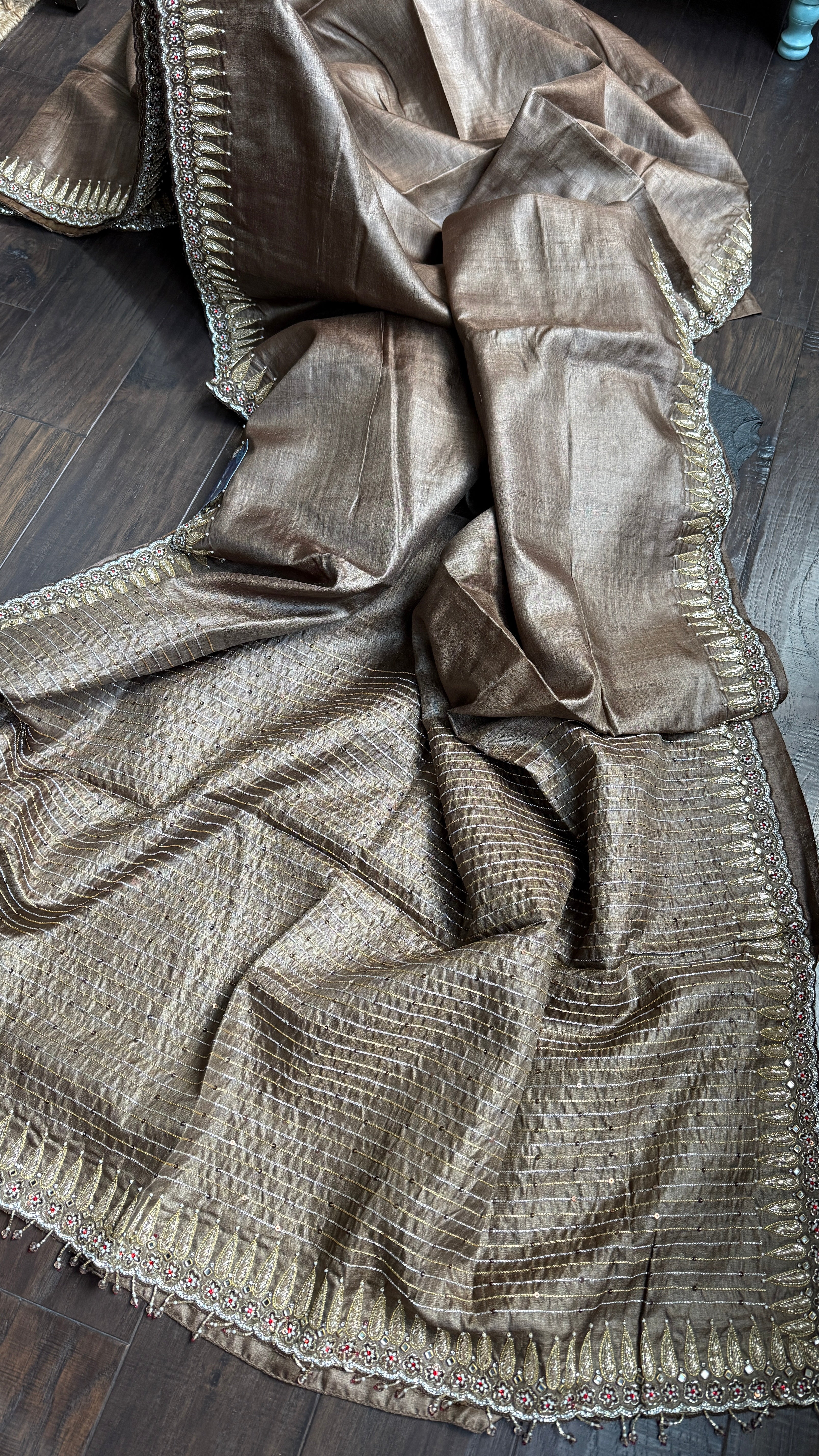 Designer Hand Zardozi Pure Tussar Silk - Brown