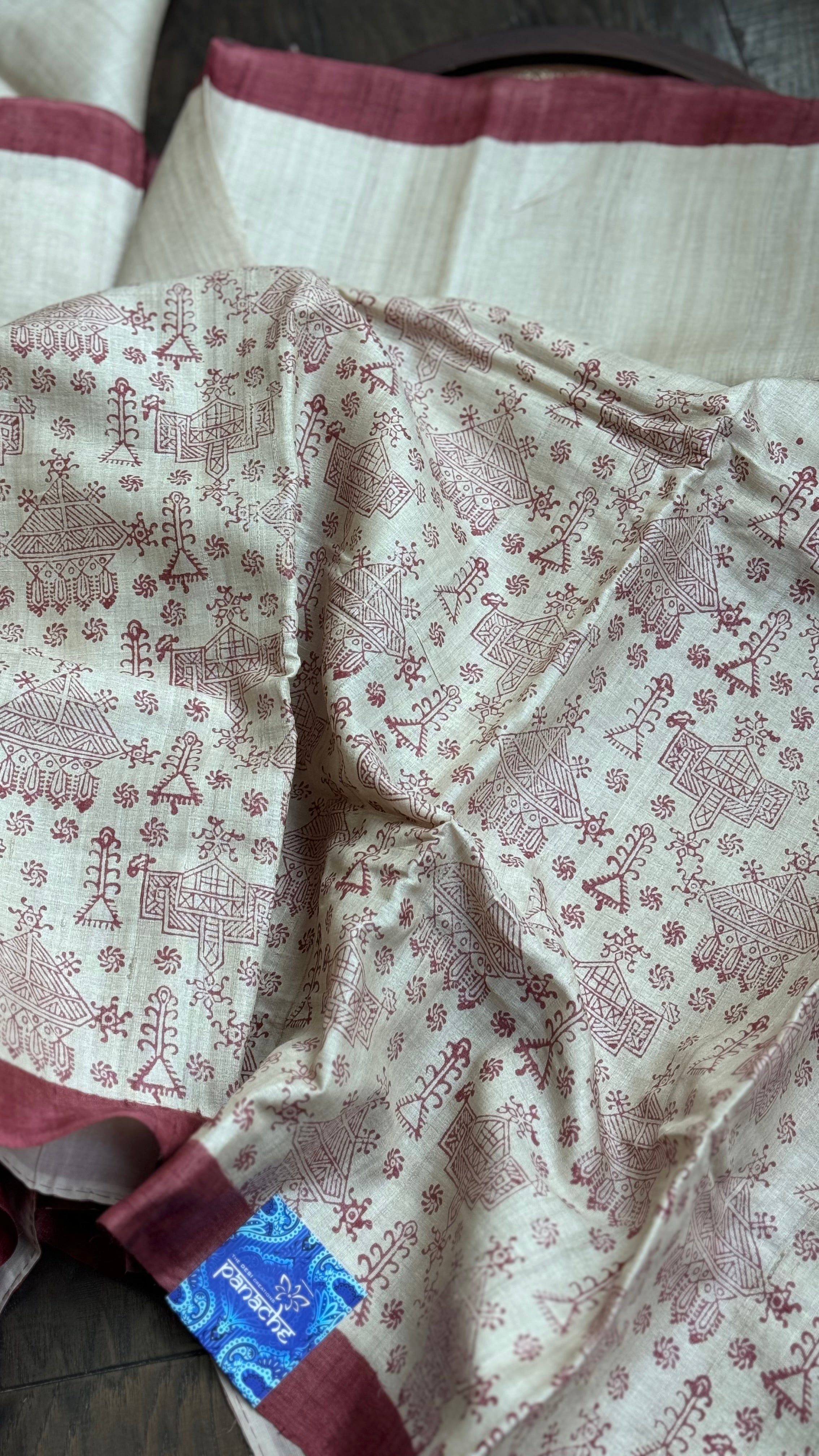 Pure Gachi Tussar Silk - Beige Maroon Hand-Block Printed