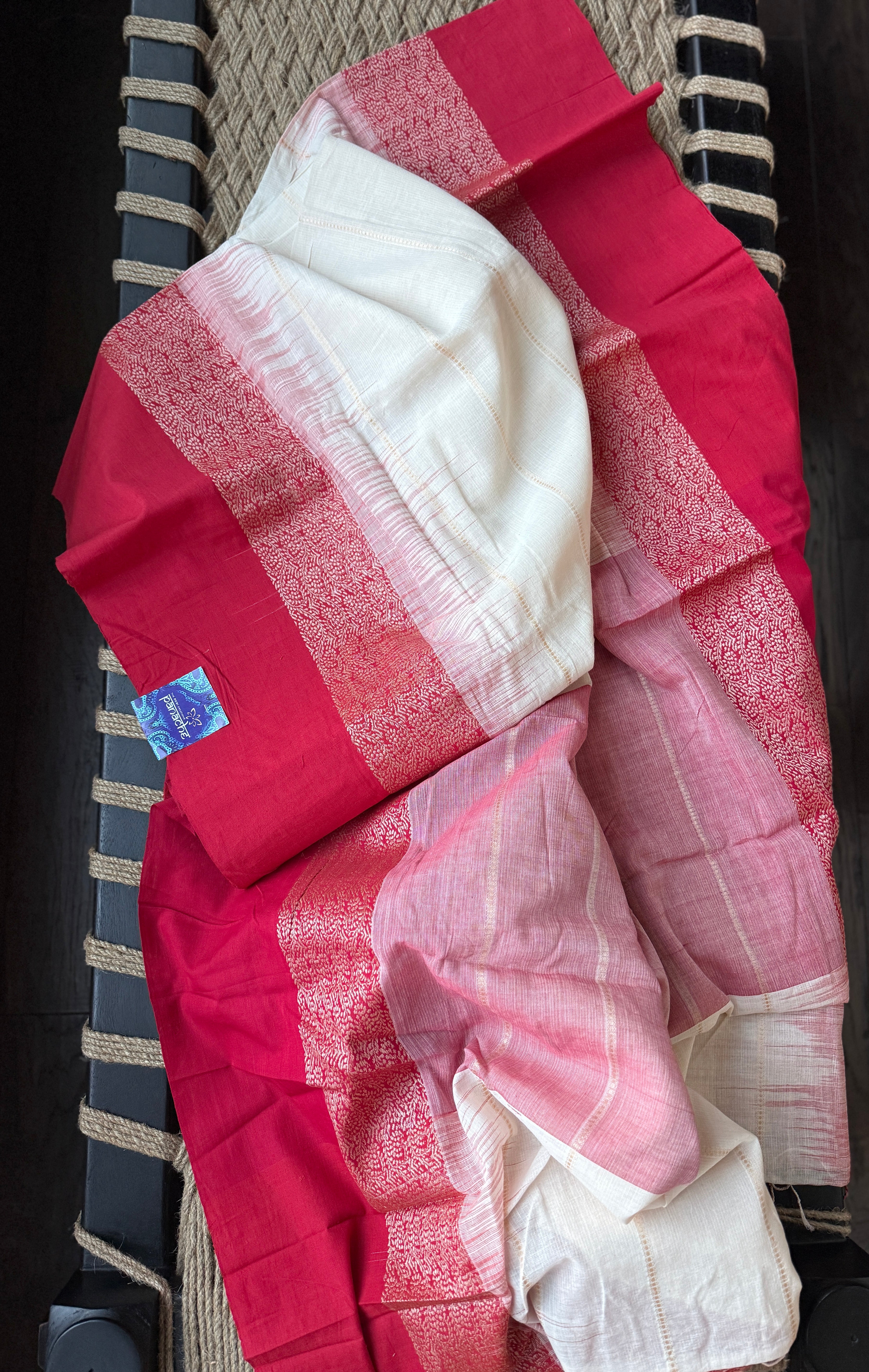 Pure Khadi Cotton Jamdani Handwoven - Off White Red Zari