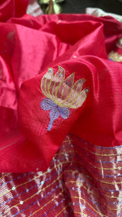 Hand Zardozi Pure Chanderi Pattu Silk - Red Eknaliya Woven