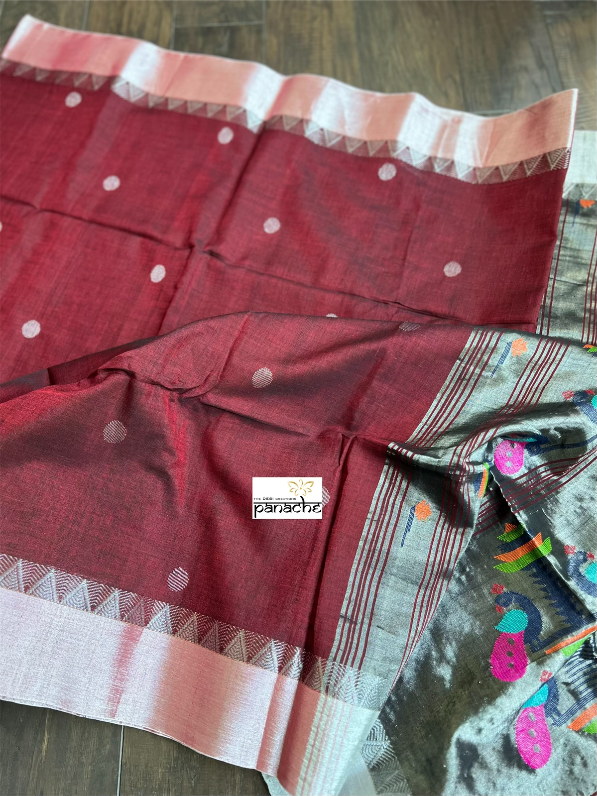 Cotton Paithani Saree - Wine Color Silver Zari