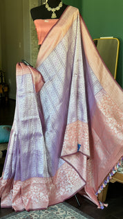 Pure Katan Tissue Silk Banarasi - Lavender Peach Tanchui