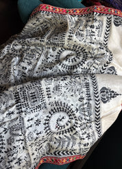 Designer Pure Tussar Silk Kantha Stitch -  Beige Worli Art