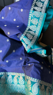 Pure Silk Katan Banarasi- Blue Sea green Kadhua