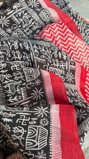 Pure Murshidabad Silk - Black White Red Printed