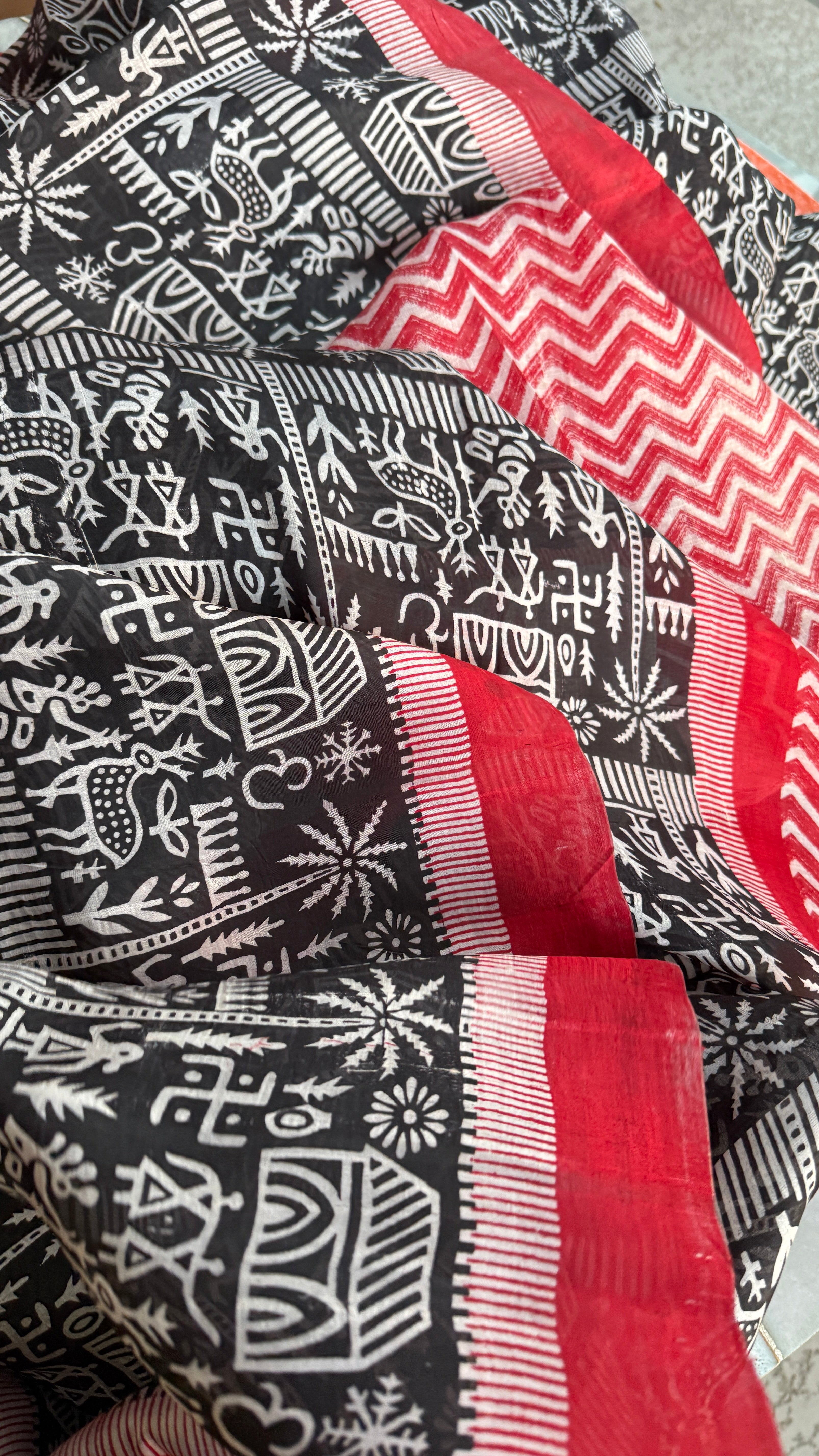 Pure Murshidabad Silk - Black White Red Printed