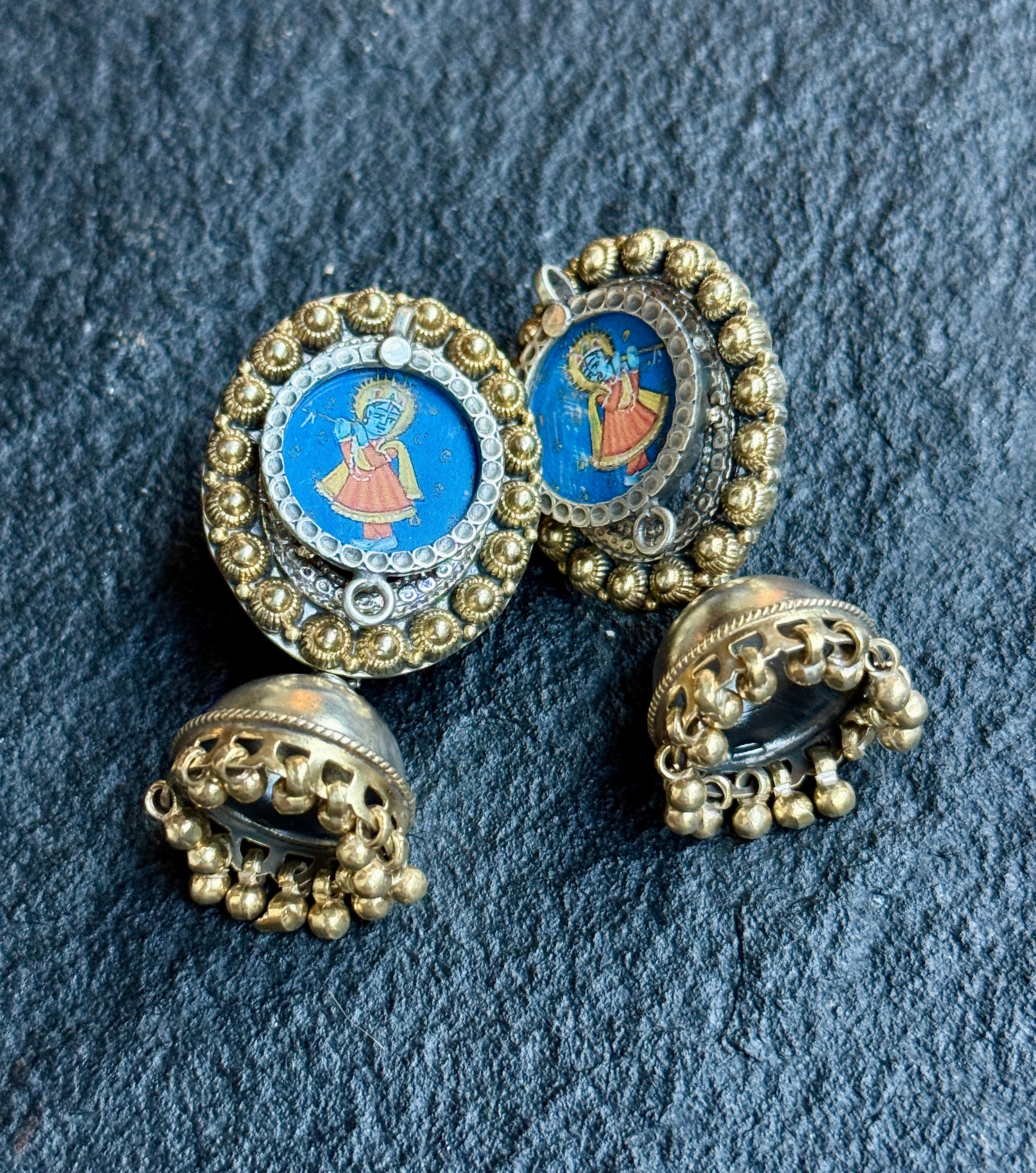Earring 925 Silver- Krishna-Gopala Hand-painted Jhumka