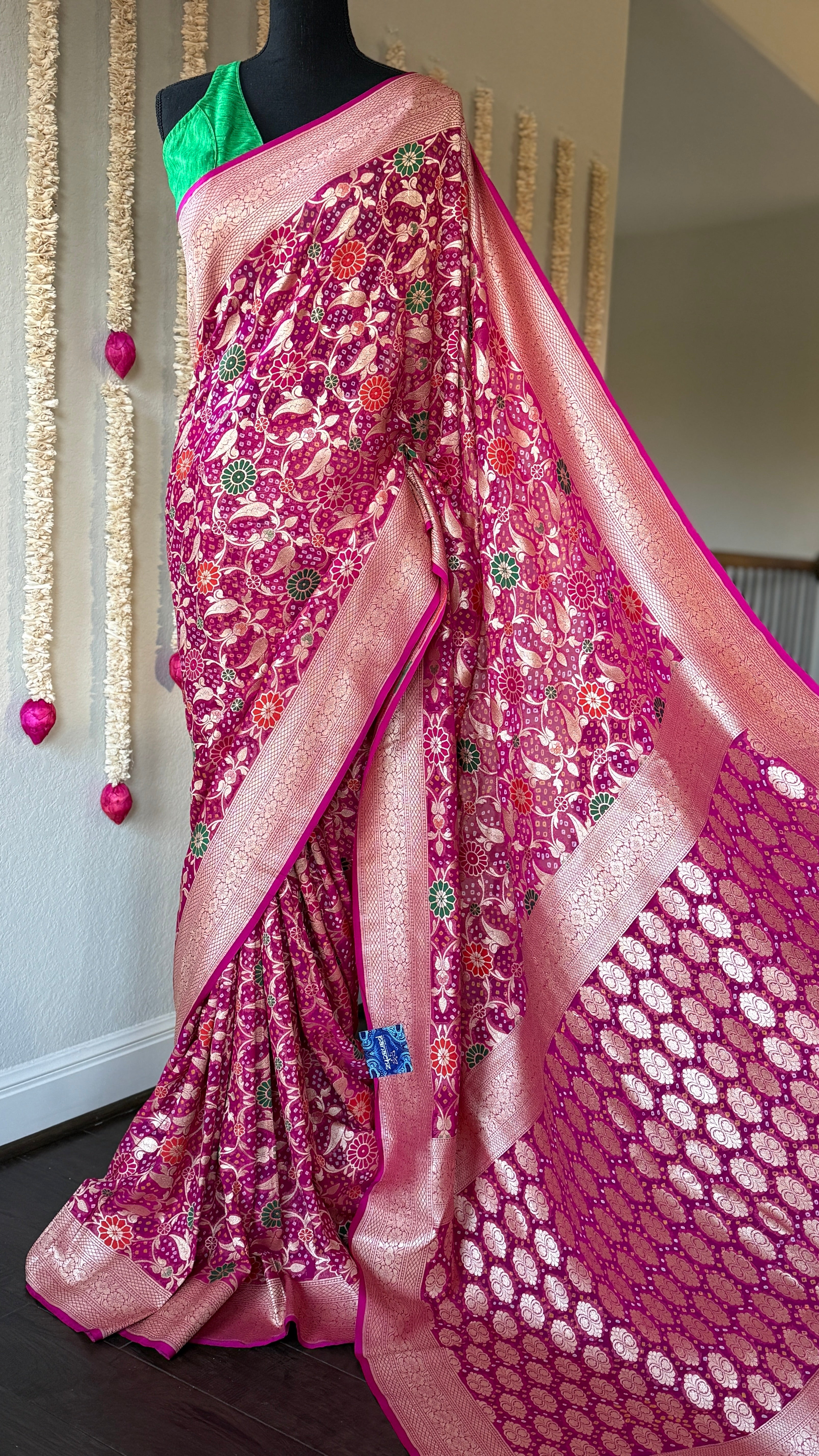 Bandhej Khaddi Georgette Banarasi - Magenta Pink