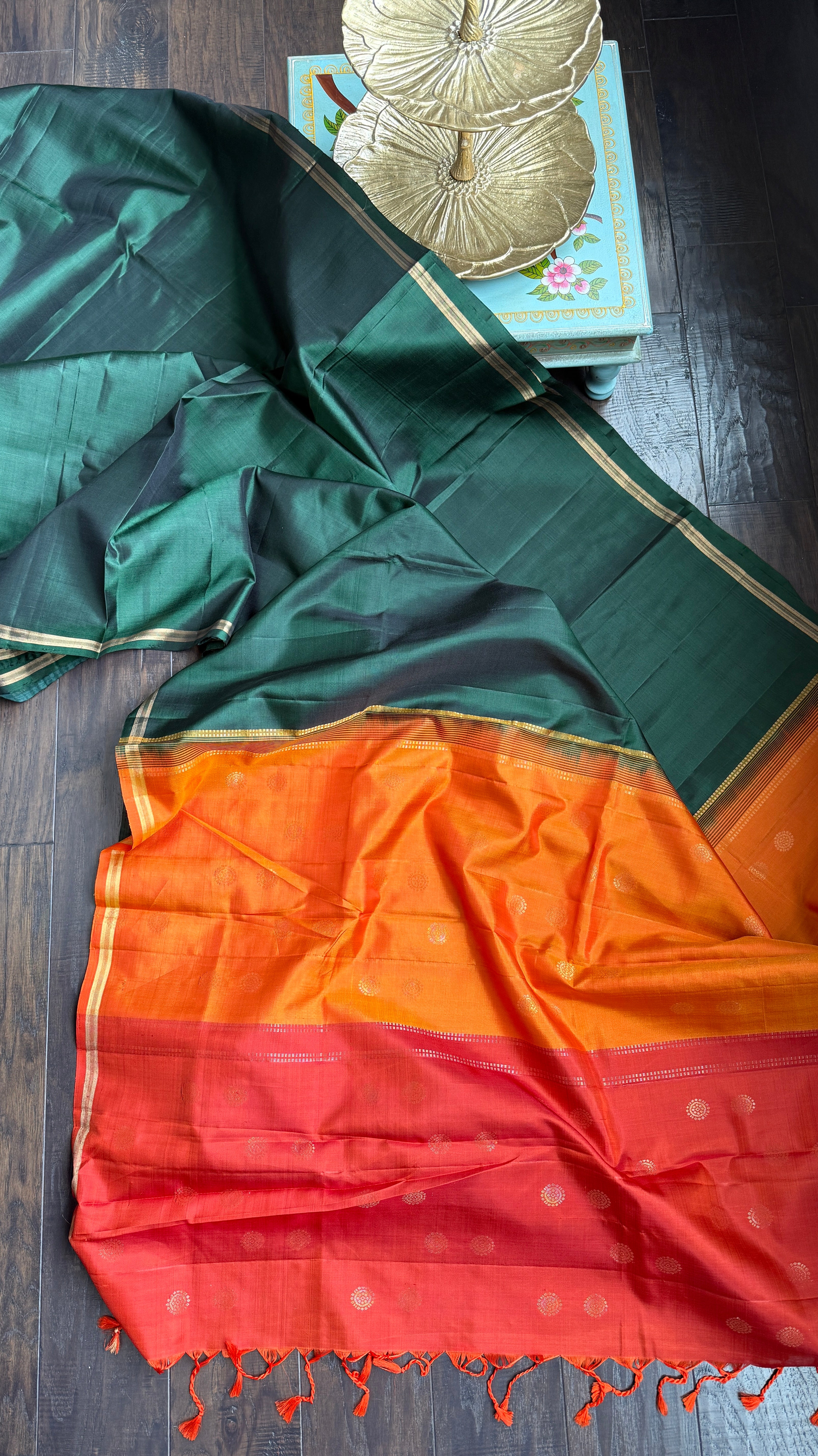 Pure Silk Kanjivaram - Green Orange