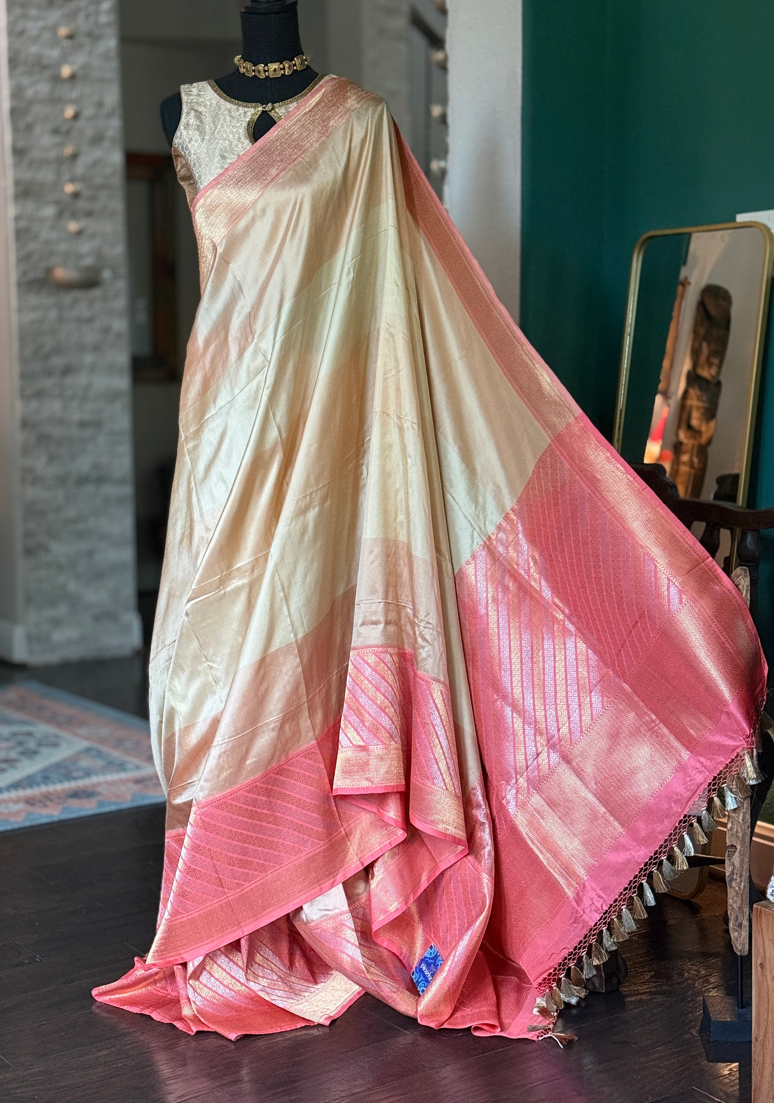 Pure Katan Silk Benarasi - Ivory Pink Golden Silver Zari