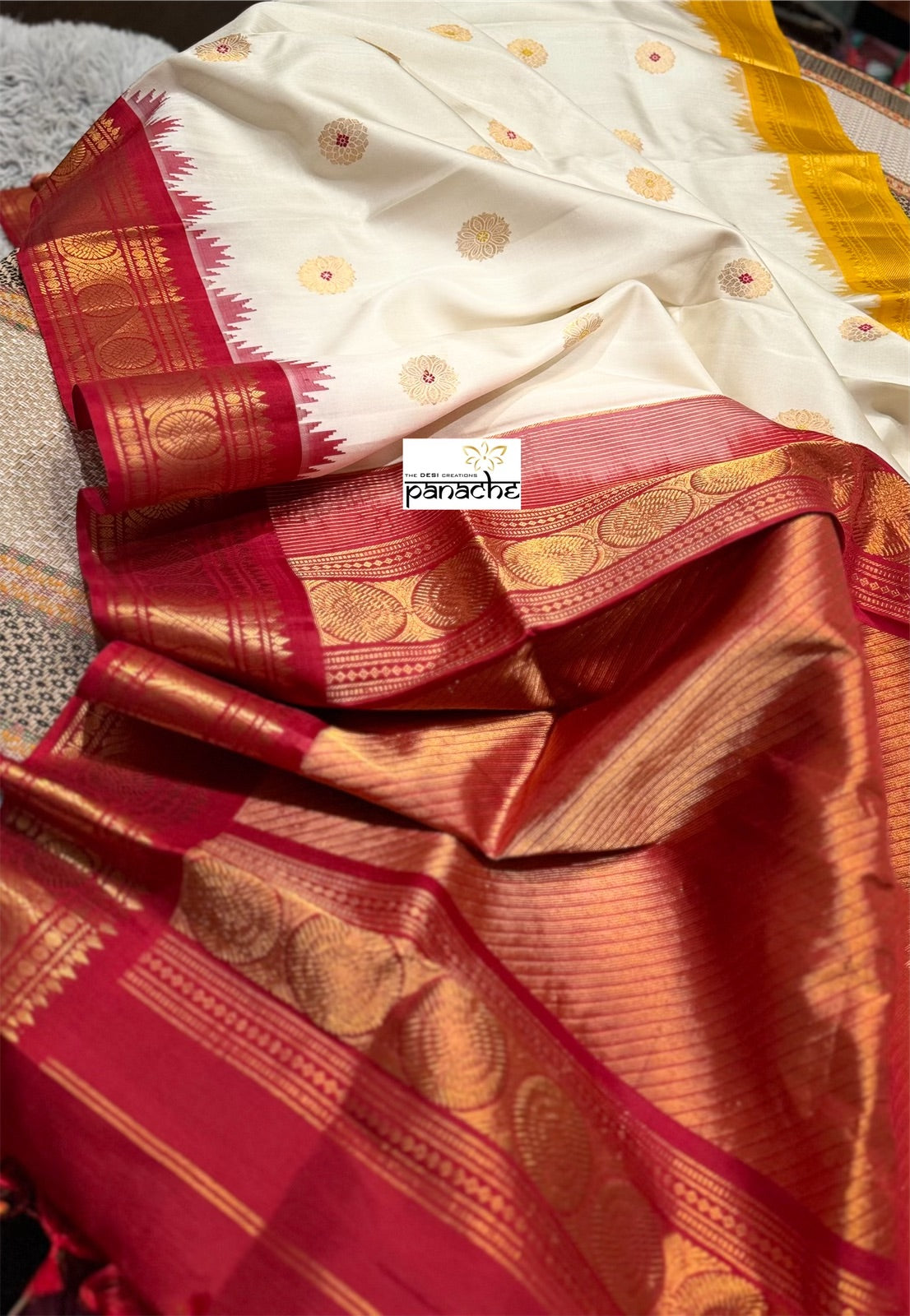 Pure Silk Gadwal - Off White Yellow Red