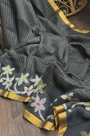 Linen Jamdaani - Black Zari Checkered