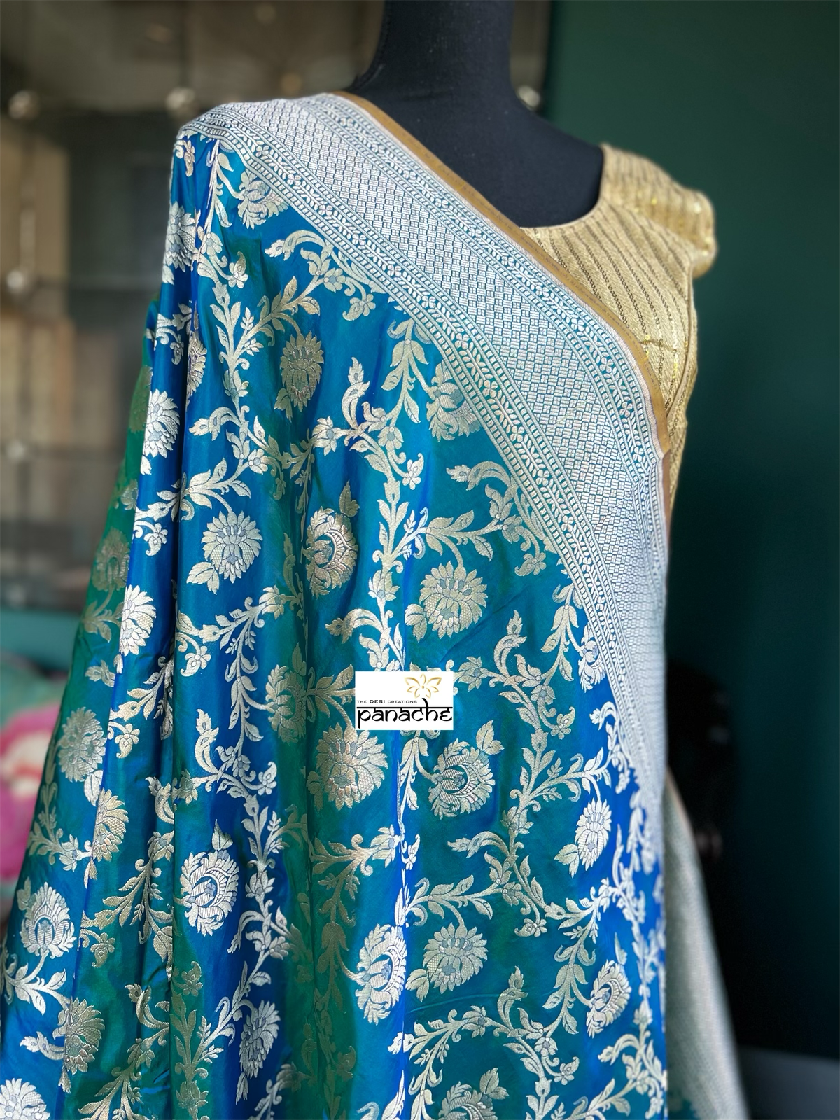 Pure Silk Katan Banarasi- Peacock Blue Dual shaded