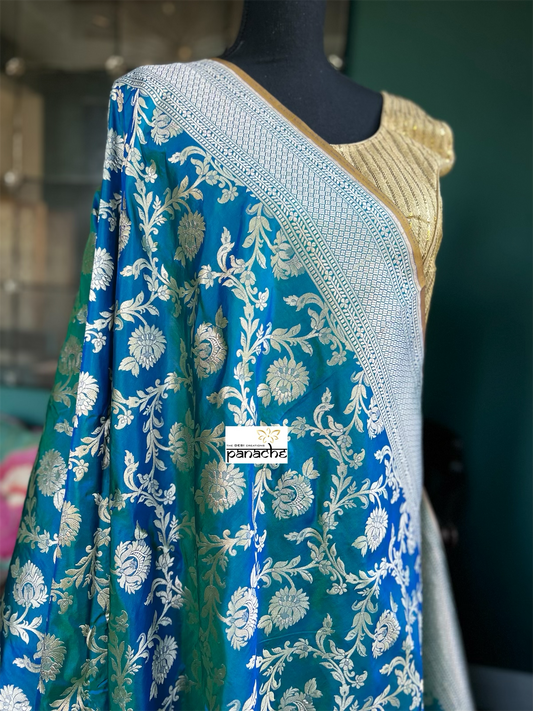 Pure Silk Katan Banarasi- Peacock Blue Dual shaded