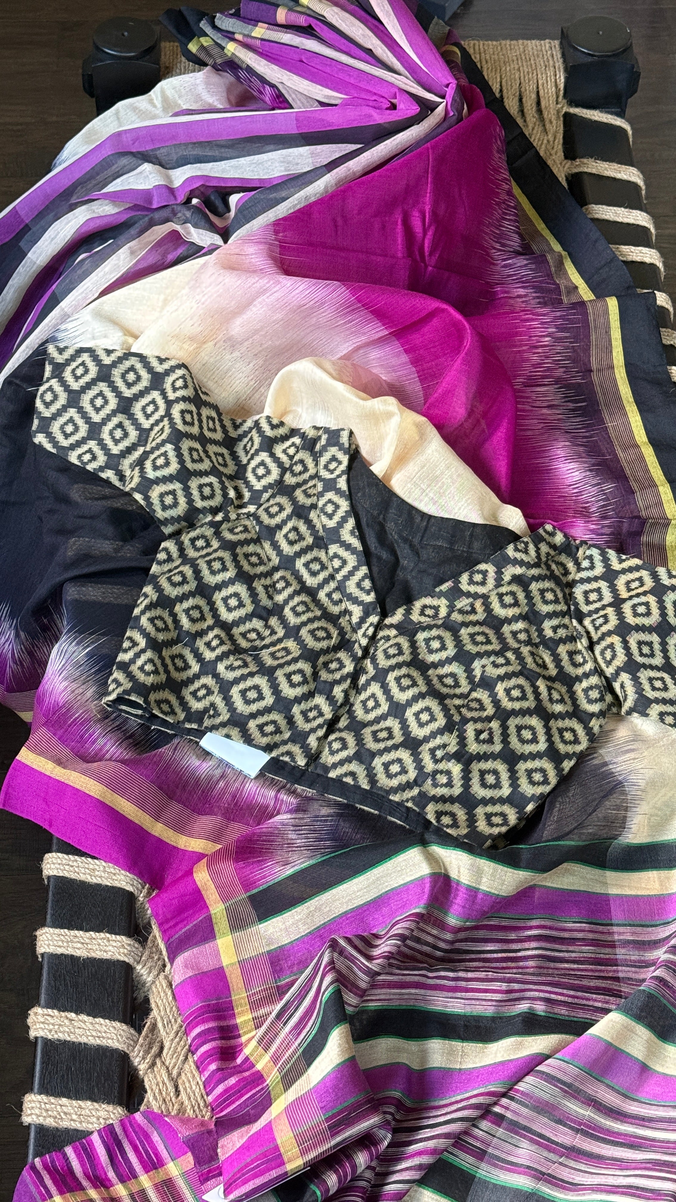 Cotton Silk Ikat - Cream Purple Black