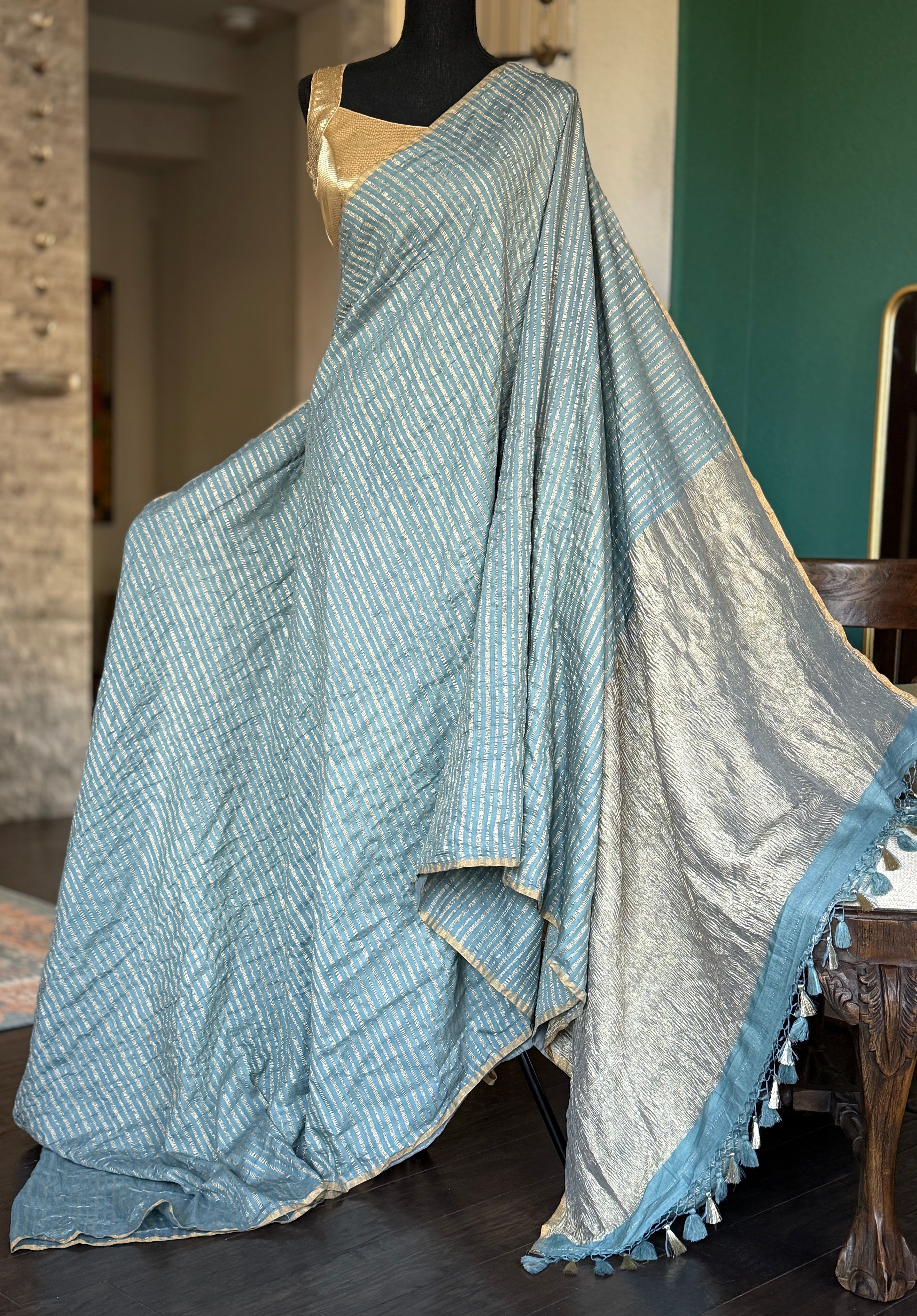 Pure Muga Chiffon Banarasi - Grey Blue Crushed Gold Zari