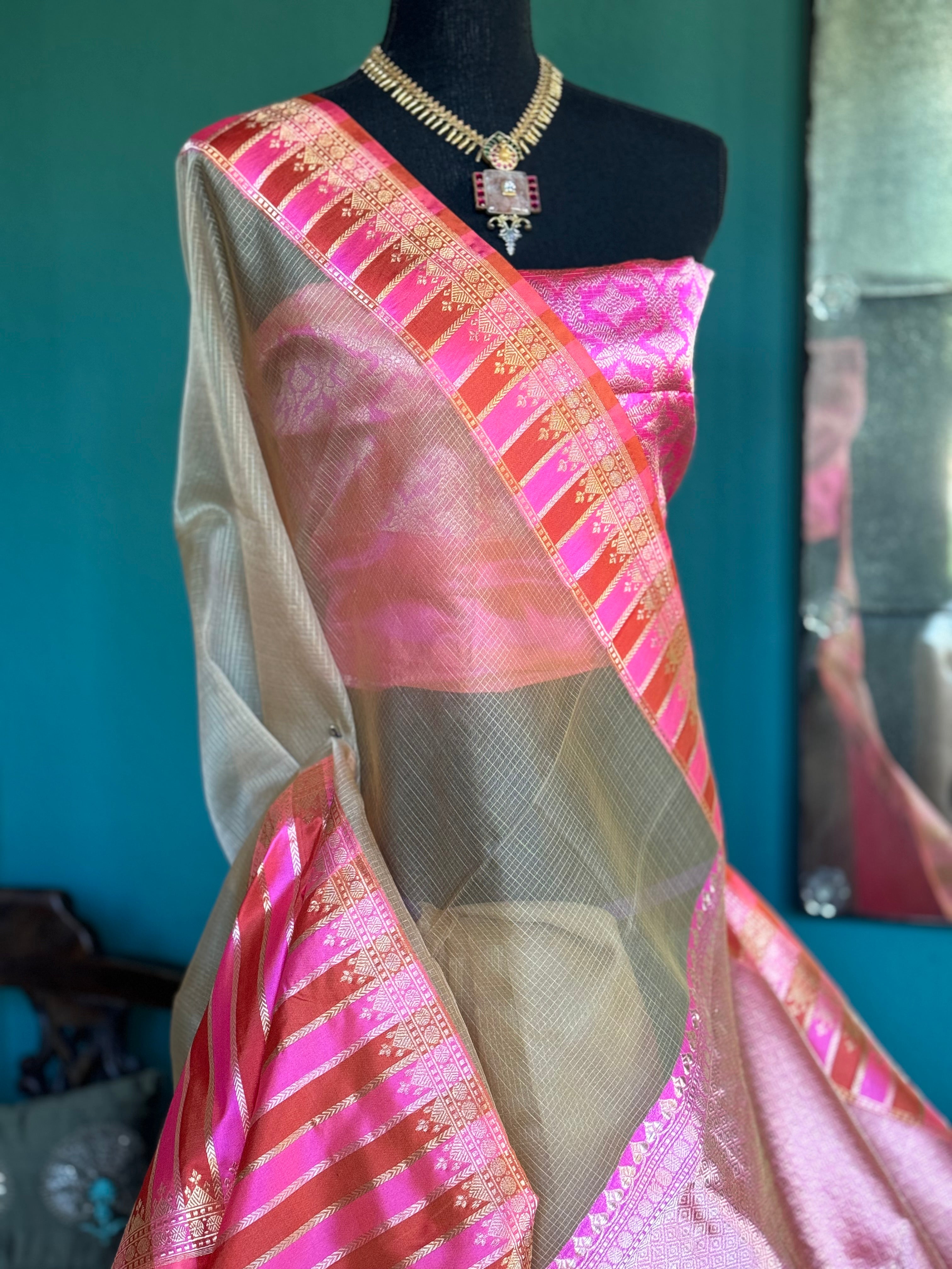 Organza Katan Silk Banarasi -  Tan Pink Orange Checkered