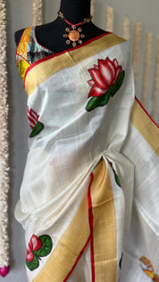 Hand Painted Tussar Silk - Cream White Ganesha