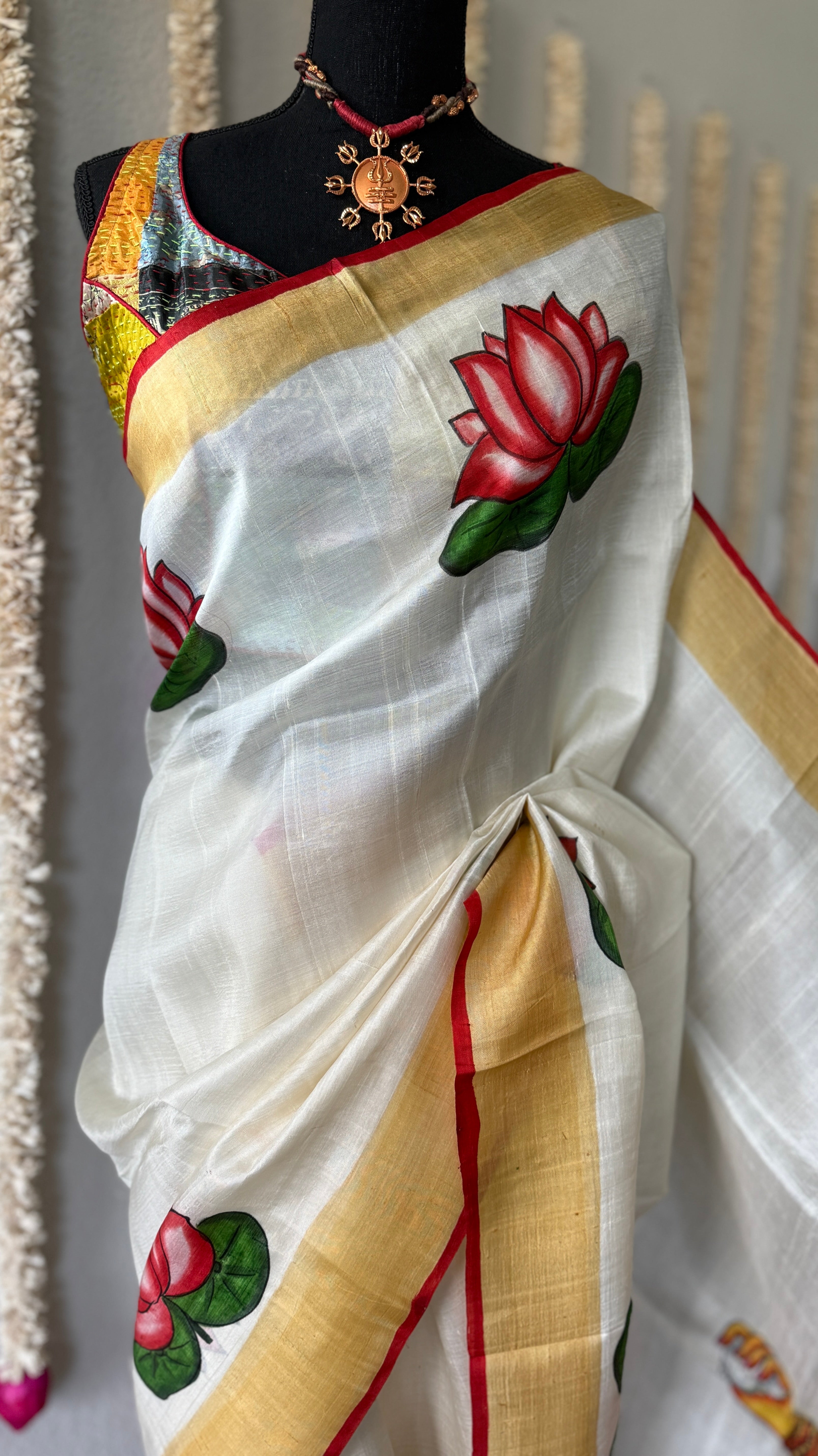 Hand Painted Tussar Silk - Cream White Ganesha