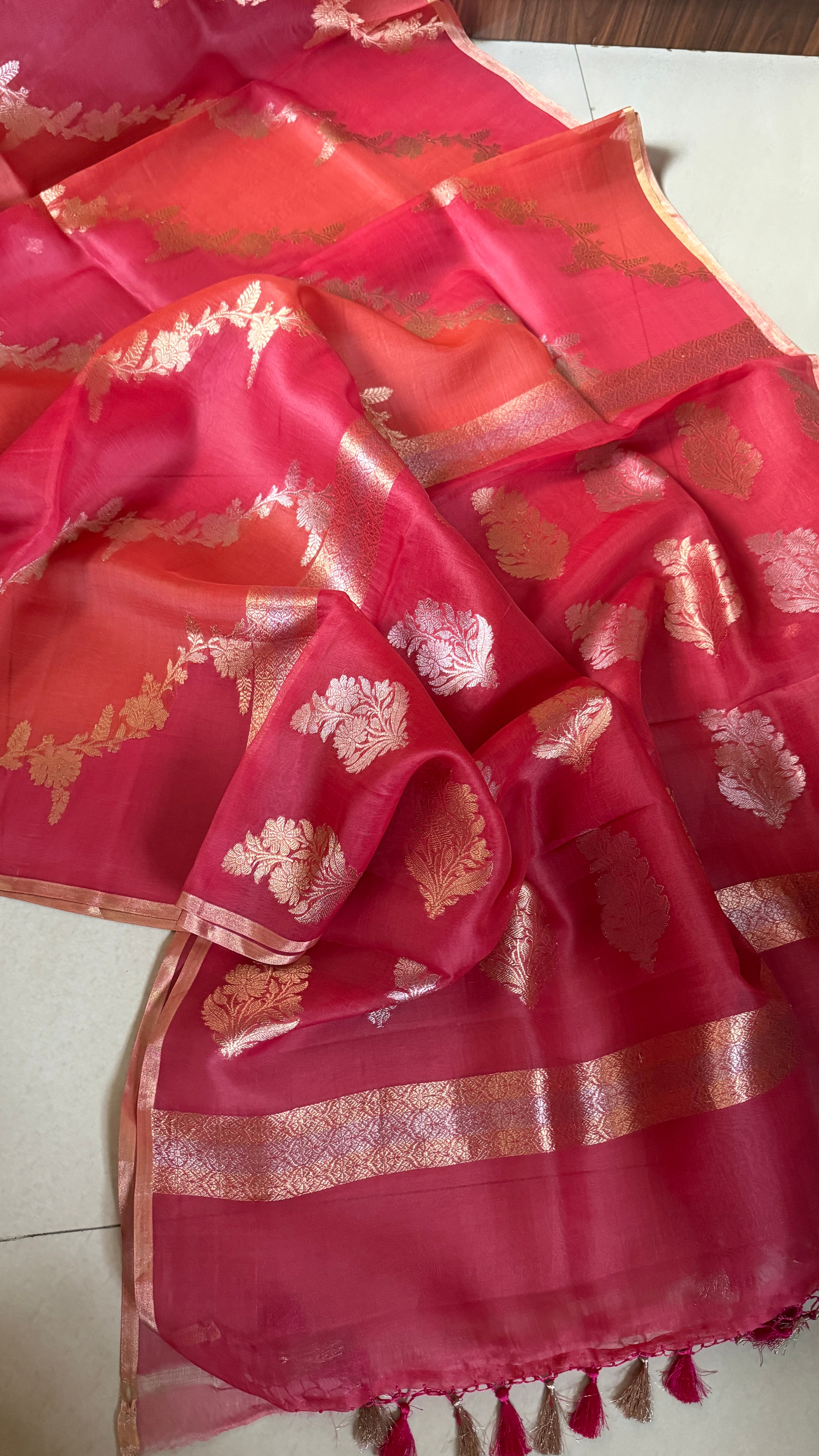 Kora Silk Leheriya Banarsi - Pink Orange Shaded