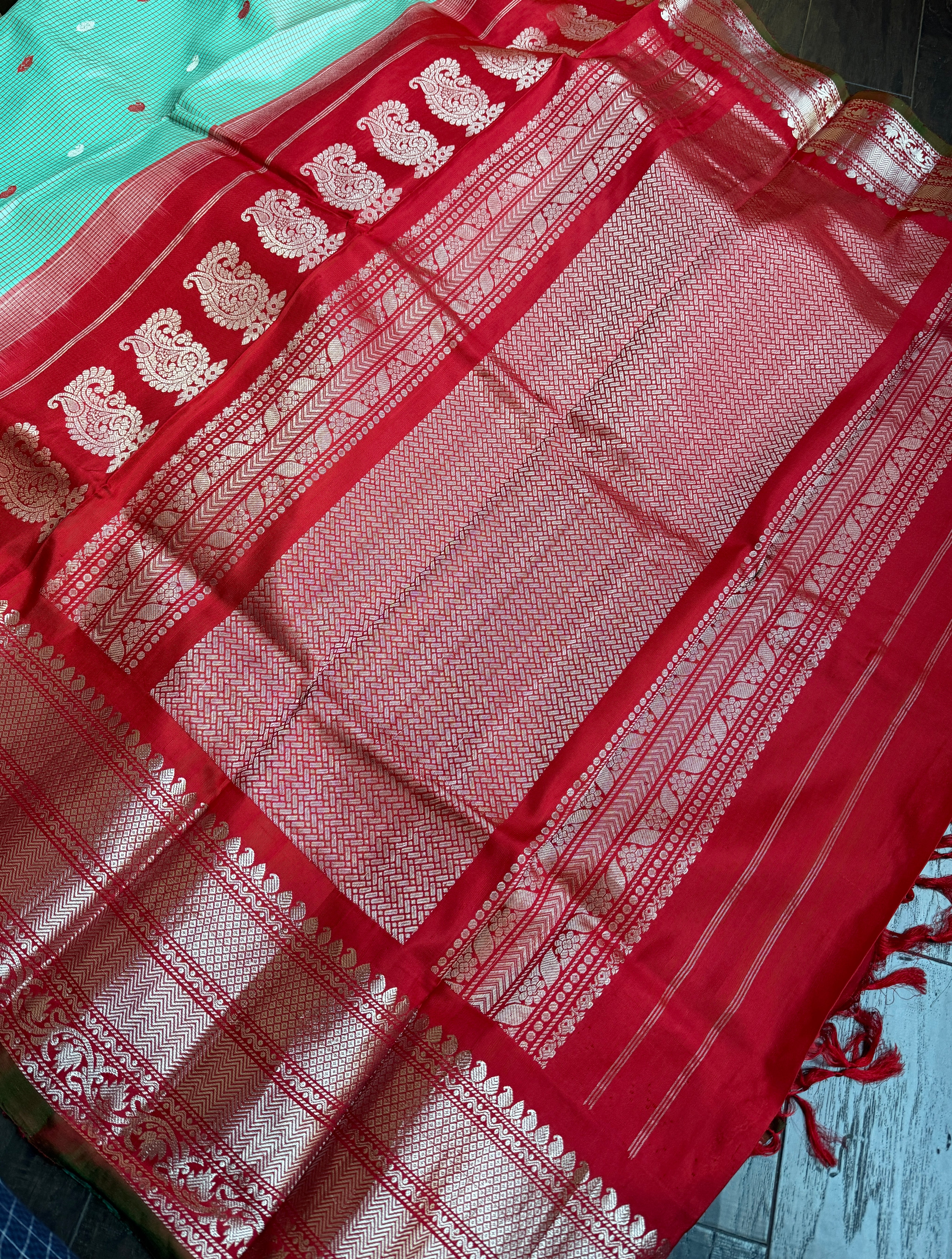 Pure Silk Gadwal - Light Blue Red Checkered