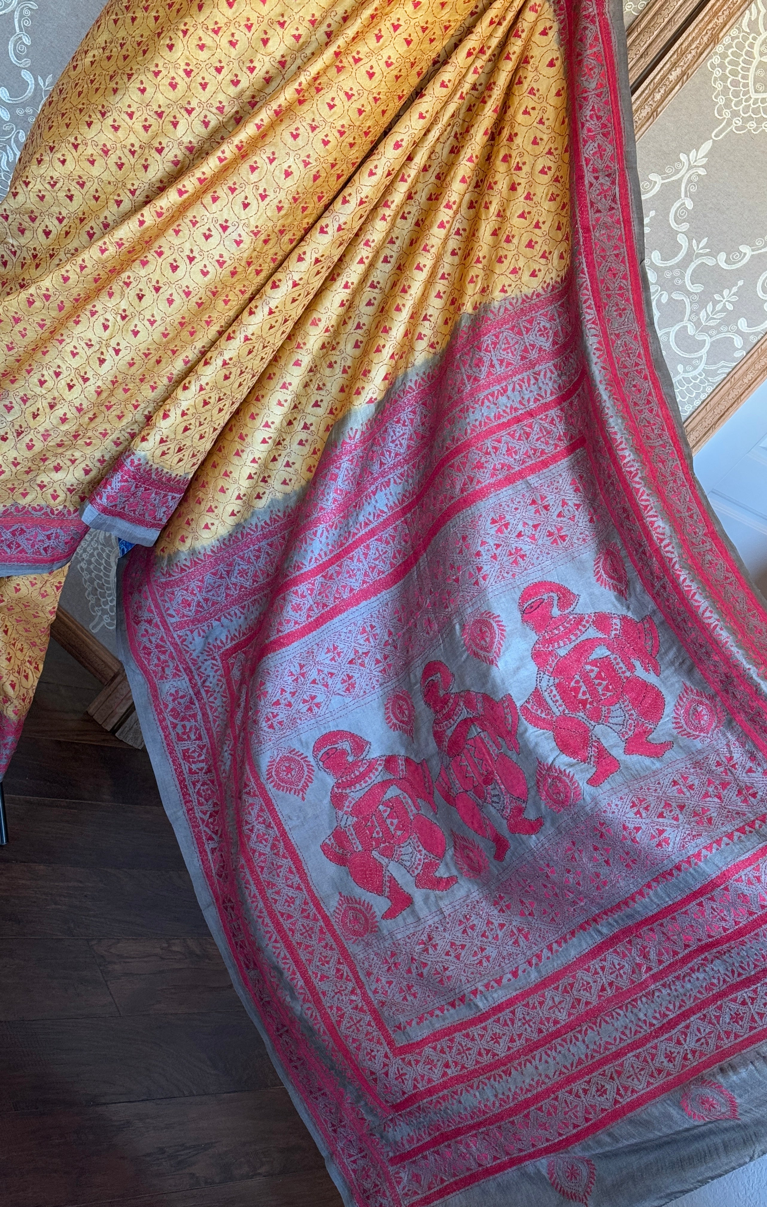 Pure Tussar Silk Kantha Stitch -  Yellow Red Grey