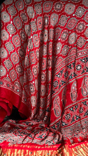 Gaji Silk Ajrakh - Red Mirror Work