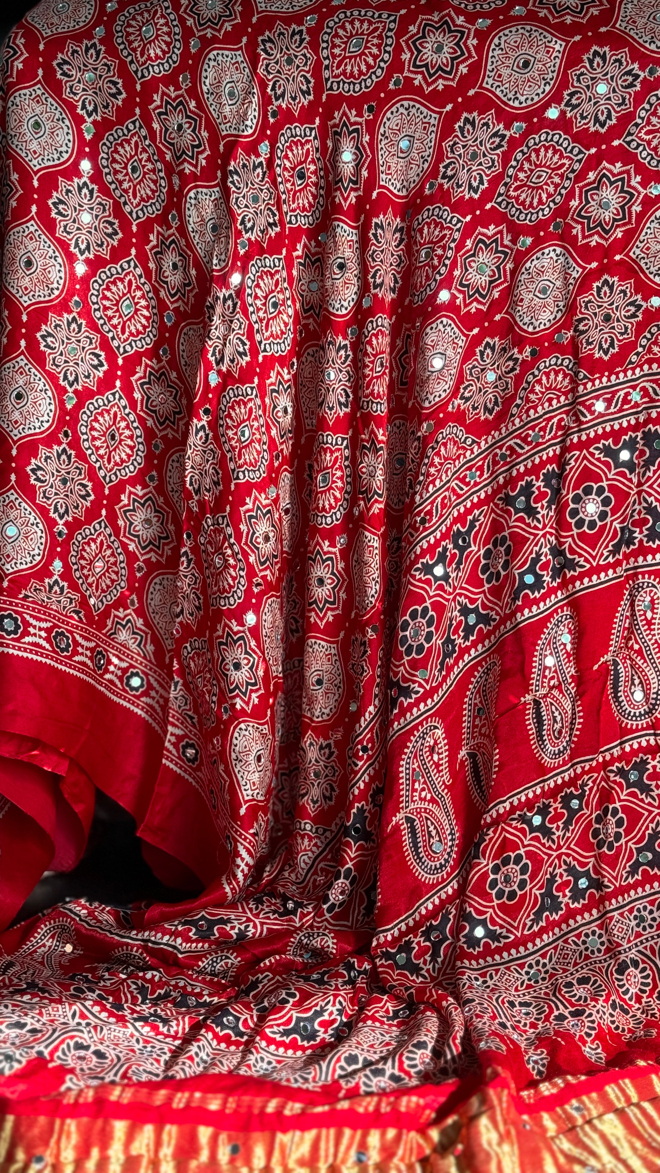 Gaji Silk Ajrakh - Red Mirror Work