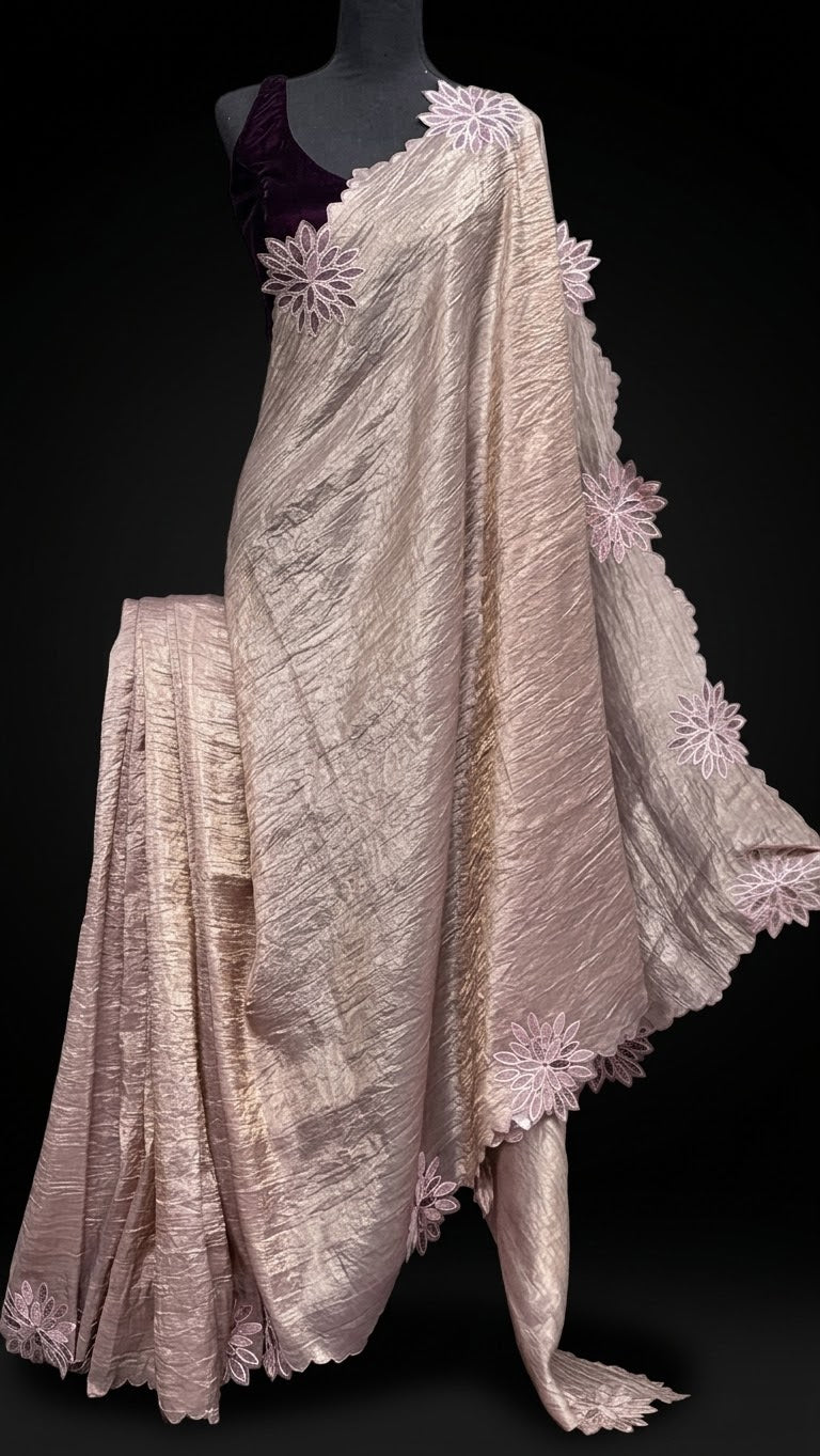 Designer Crushed Tissue Silk - Bronze Brown Appliqué Embroidered
