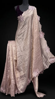 Designer Crushed Tissue Silk - Bronze Brown Appliqué Embroidered