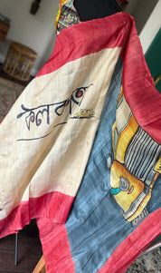 Pure Tussar Silk -  Cream Black Red Kolkata Printed