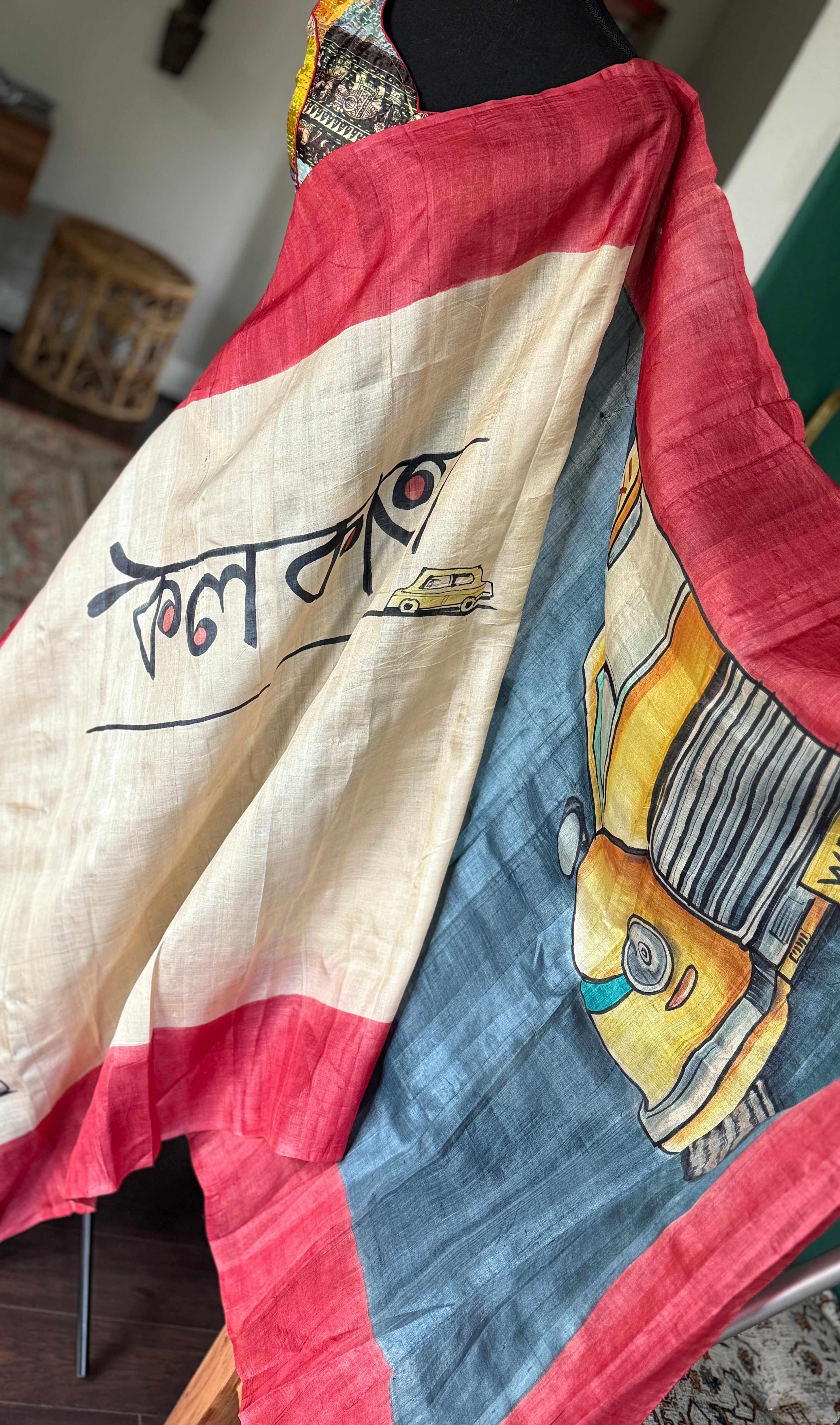 Pure Tussar Silk -  Cream Black Red Kolkata Printed