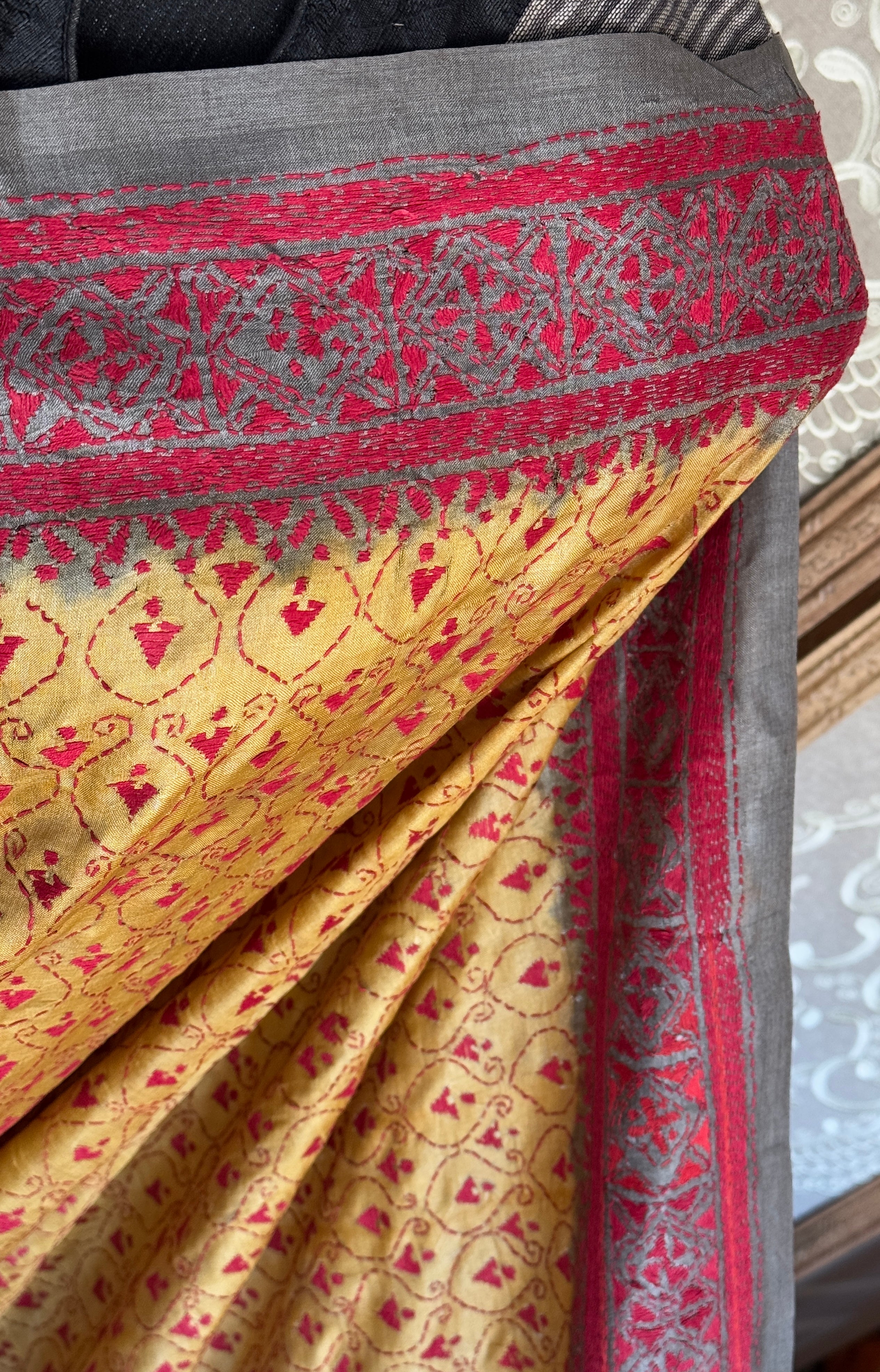 Pure Tussar Silk Kantha Stitch -  Yellow Red Grey