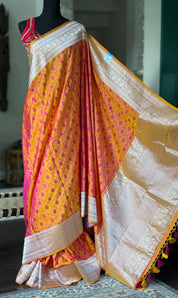 Pure Silk Mashru Silk Banarasi- Mustard Yellow Pink