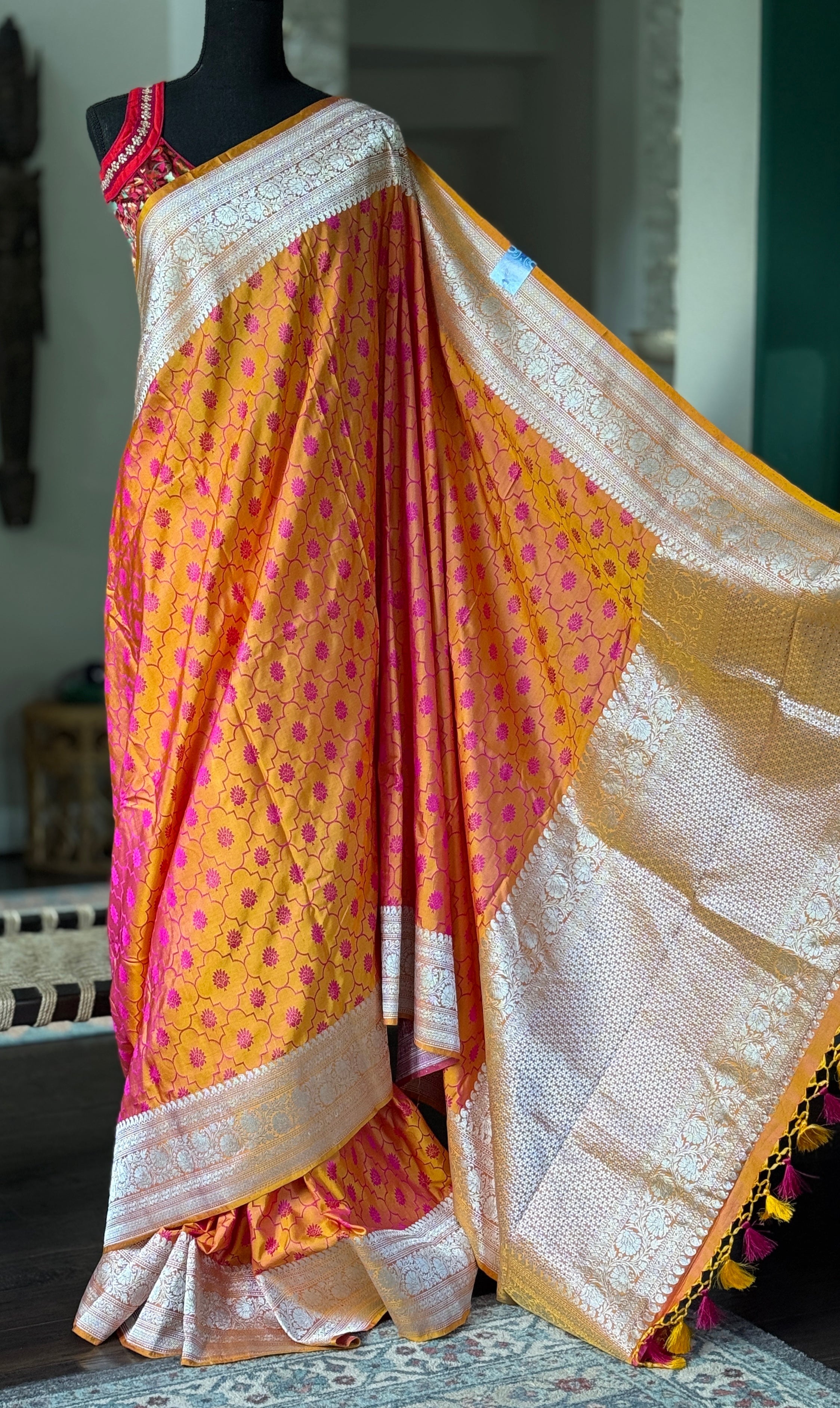Pure Silk Mashru Silk Banarasi- Mustard Yellow Pink