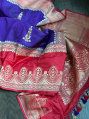 Pure Silk Katan Banarasi- Ourple Red Blue Kadhua