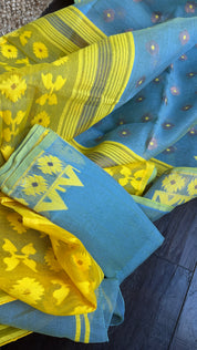 Dhakai Jamdani  - Light Blue Yellow Copper Zari  Woven