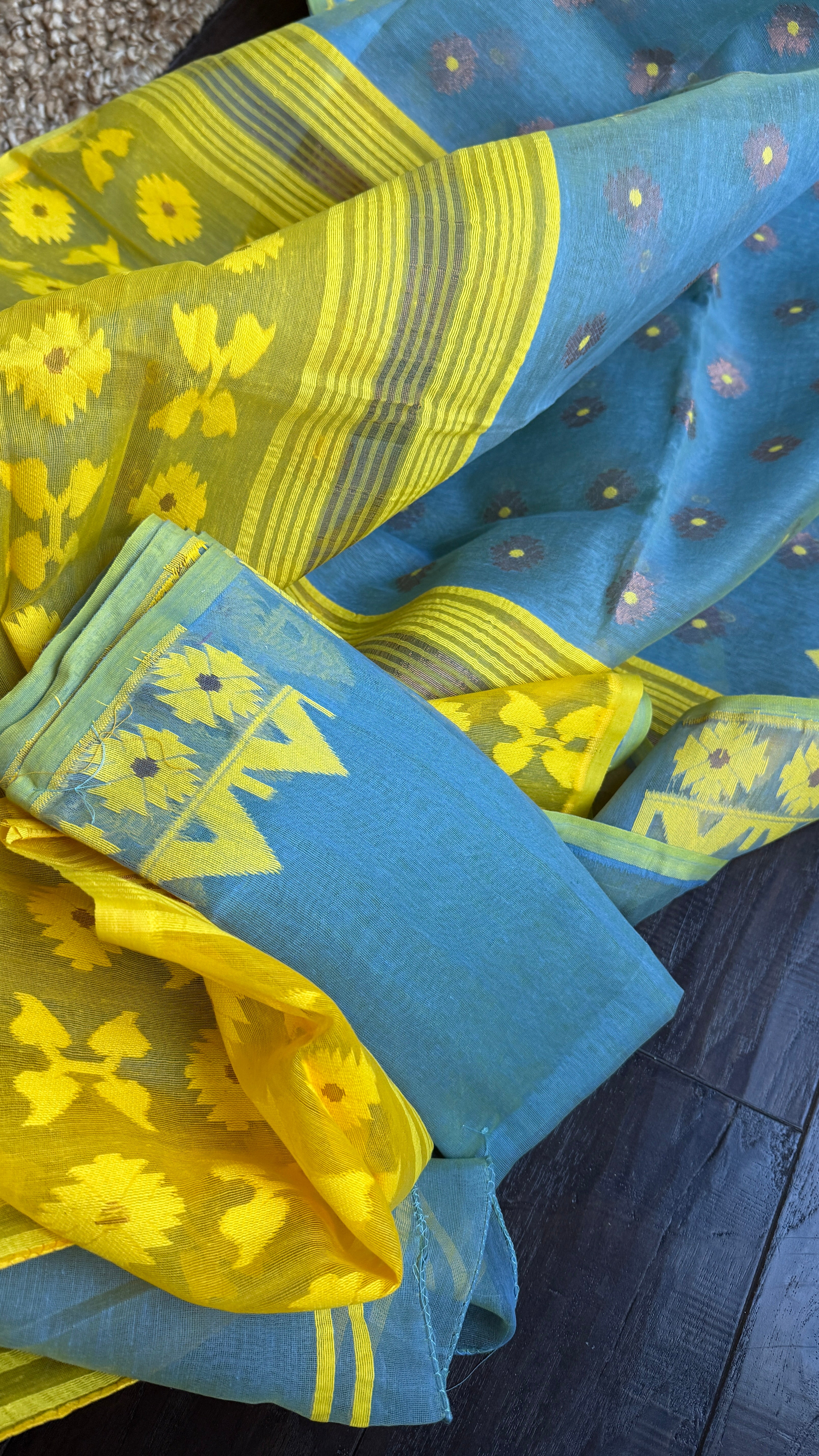 Dhakai Jamdani  - Light Blue Yellow Copper Zari  Woven