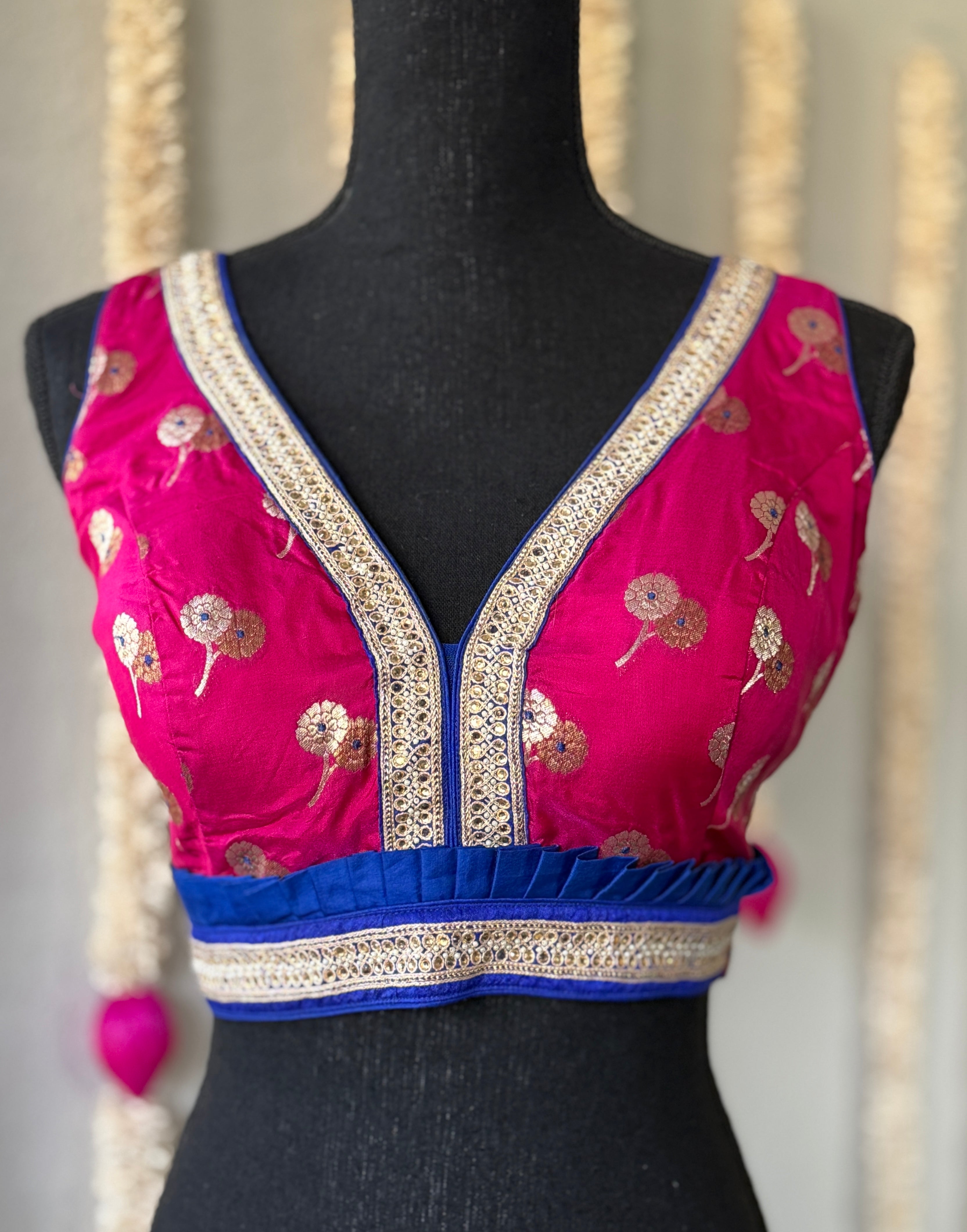 Designer Blouse - Pink Blue Golden Zari