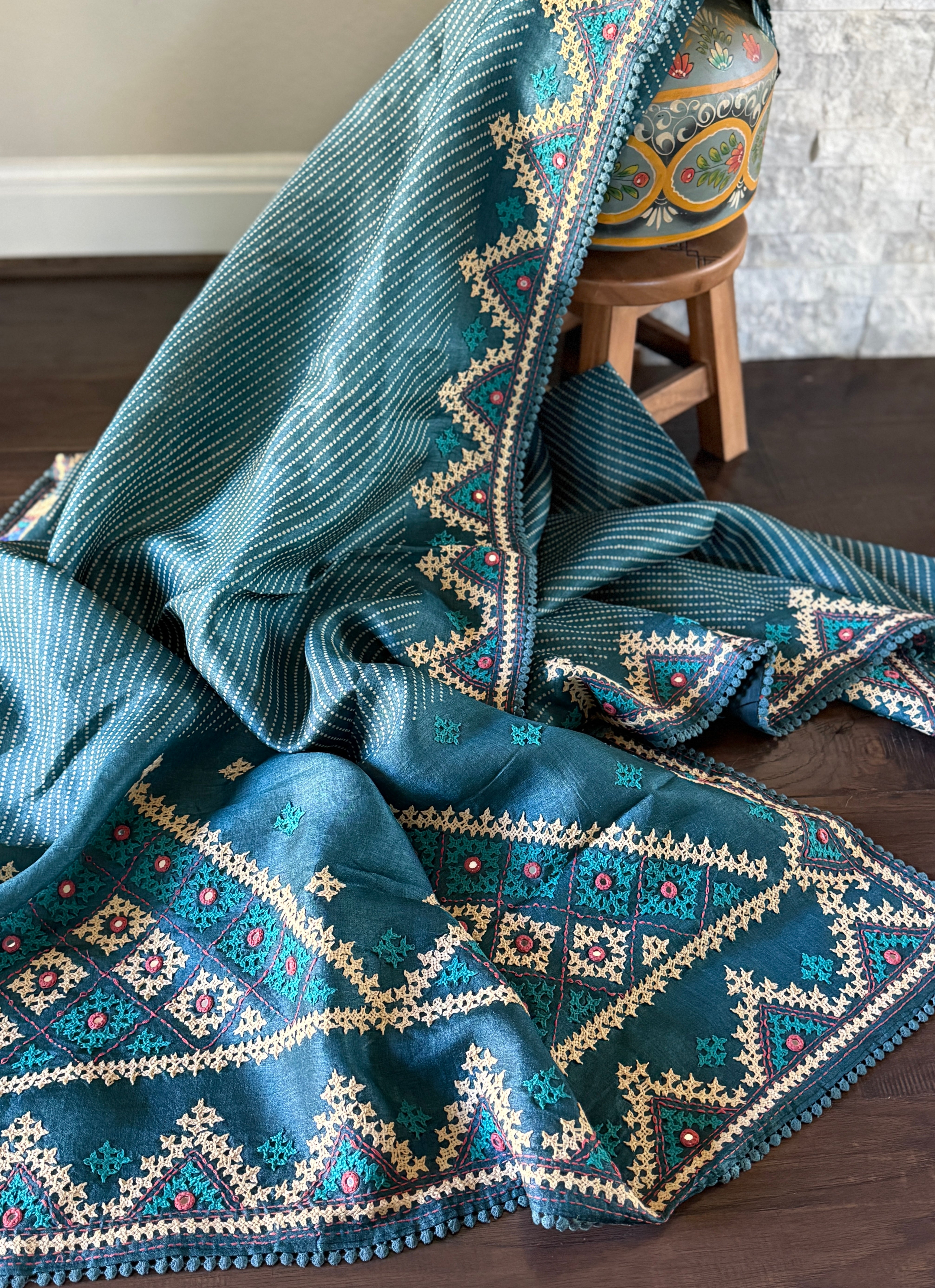 Pure Tussar Silk Gujrati Stitch -  Teal Blue Hand Embroidered
