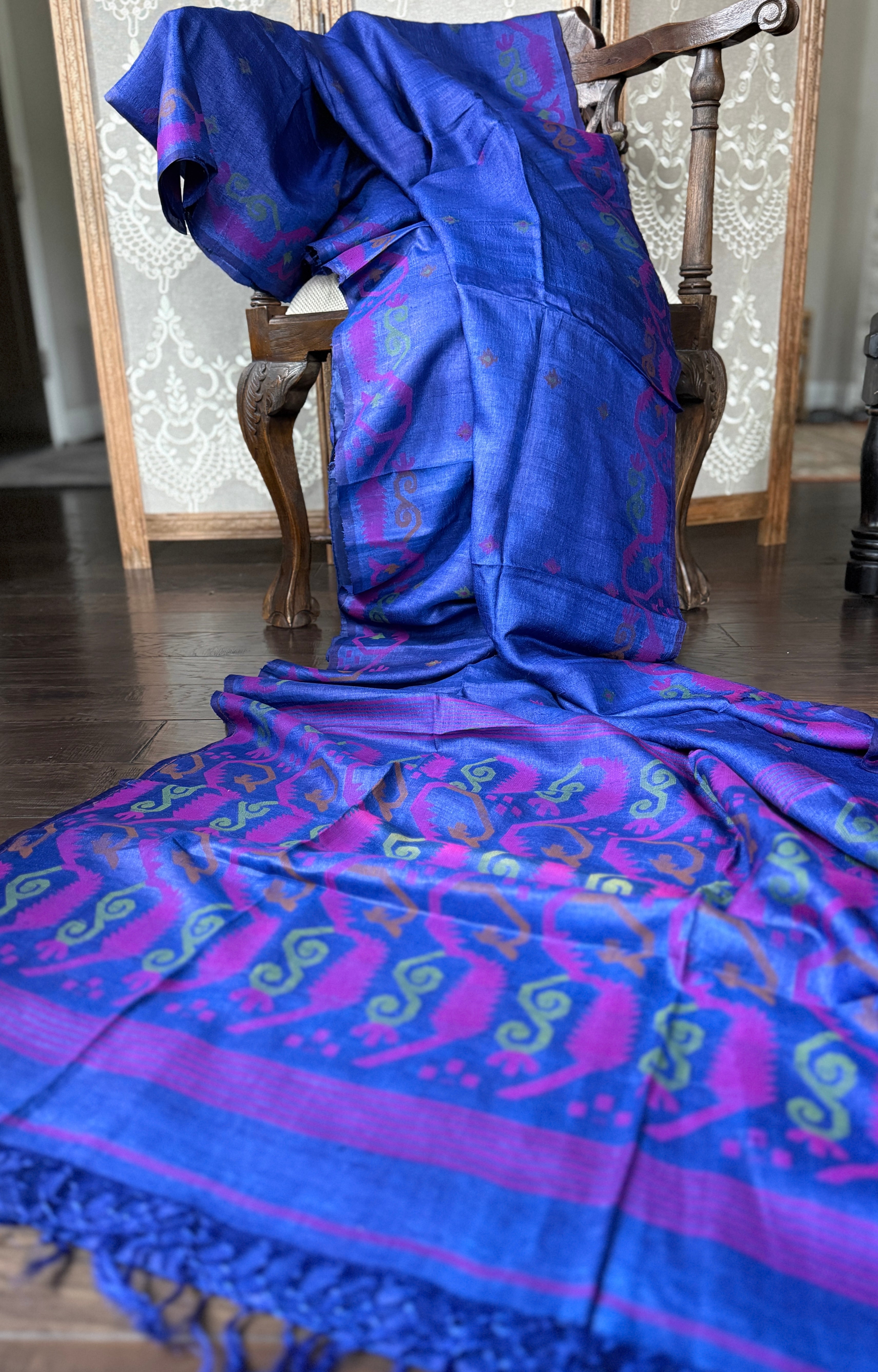 Pure Tussar Silk Jamdaani - Royal Blue