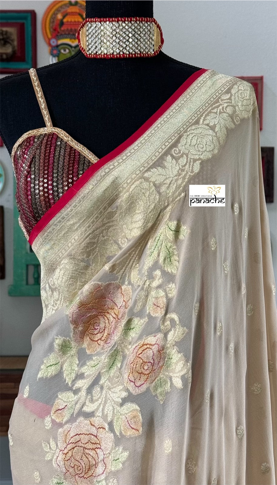 Khaddi Georgette Banarasi - Tan Beige Red