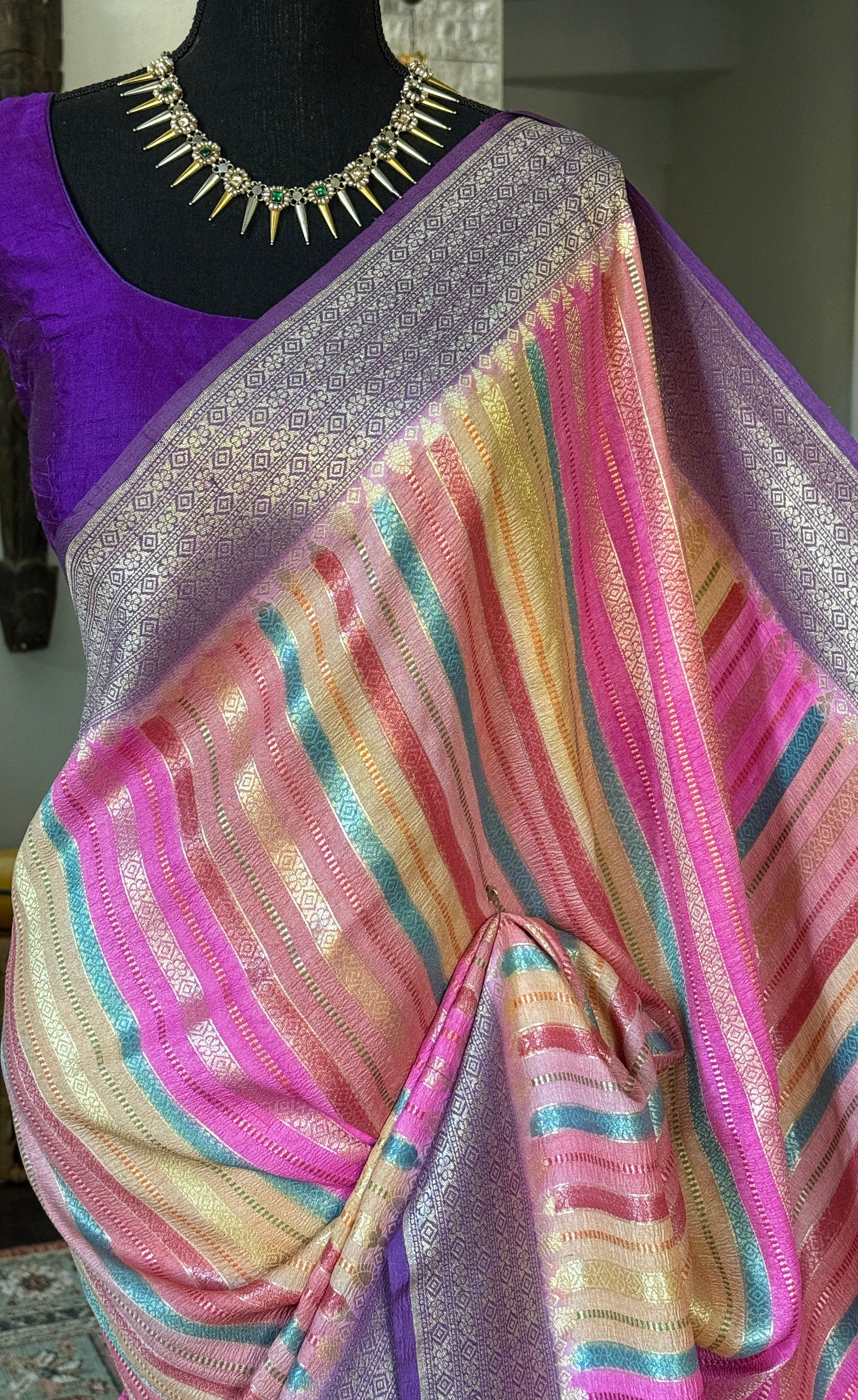 Khaddi Tussar Banarasi -  Pink Multi color Purple