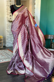 Pure Silk Brocade Banarasi- Plum Golden Zari
