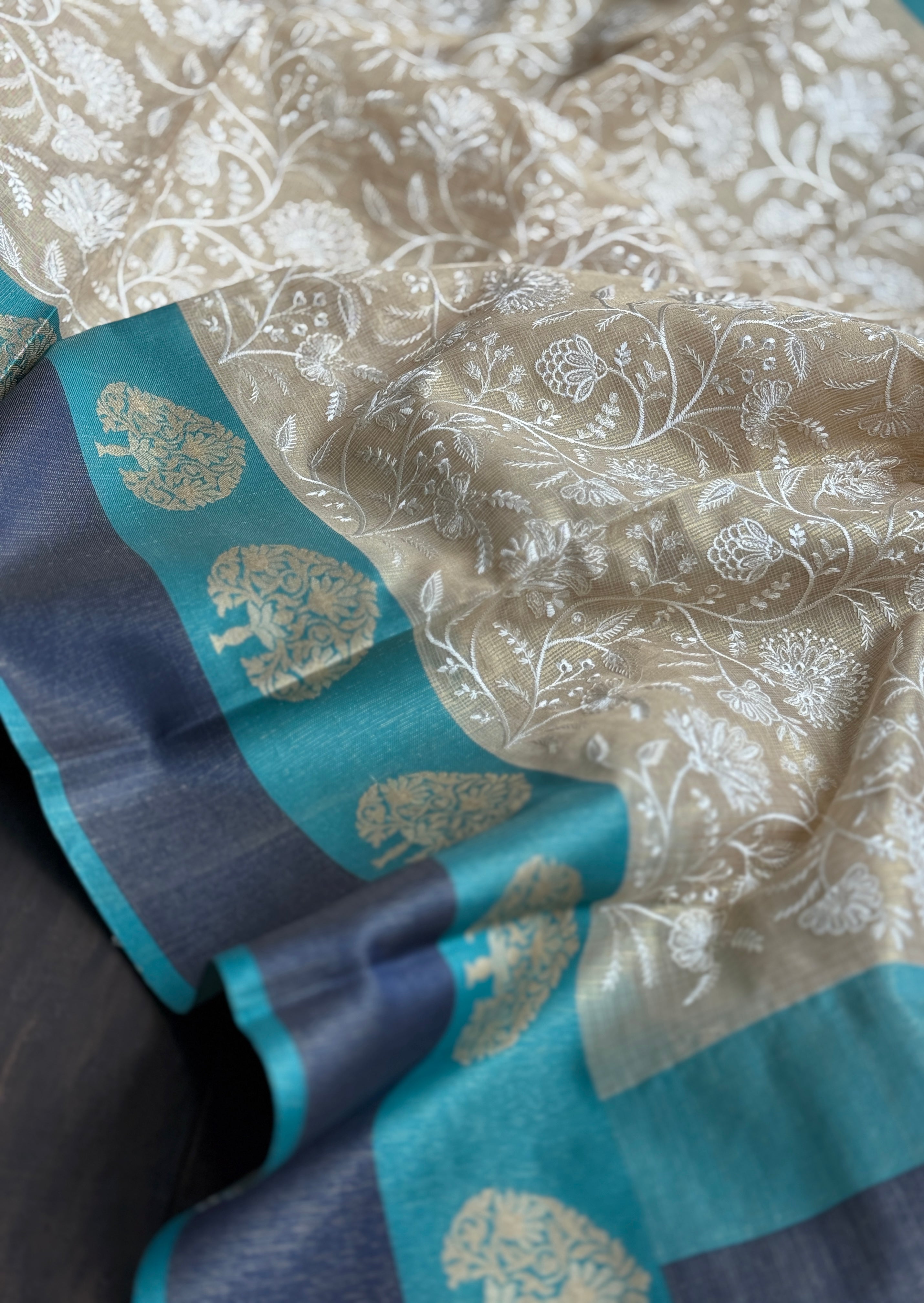 Tissue Kota Silk Embroidered - Golden Beige FIrozi
