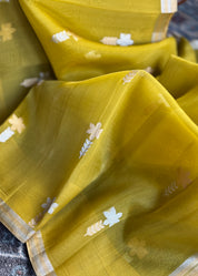 Pure Kora Silk Banarasi - Ochre Green Kadhua